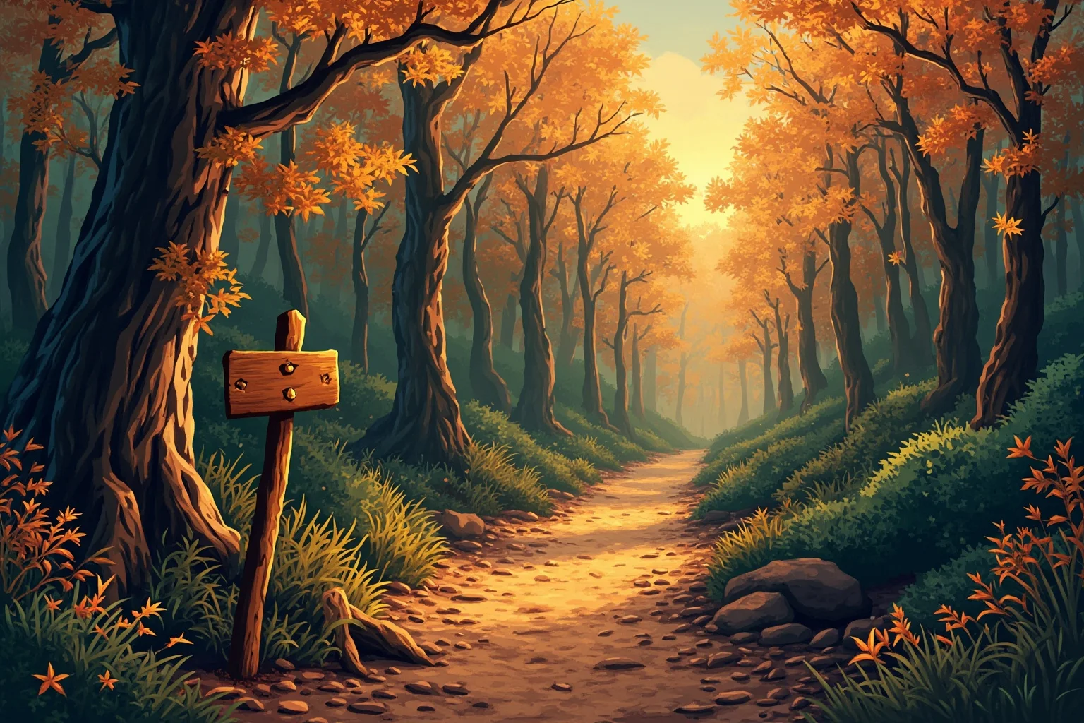 Longest Journeys Ever Undertaken On Foot 21 A winding forest trail marker post beside a long path disappearing into autumn woods, scenic illustration style