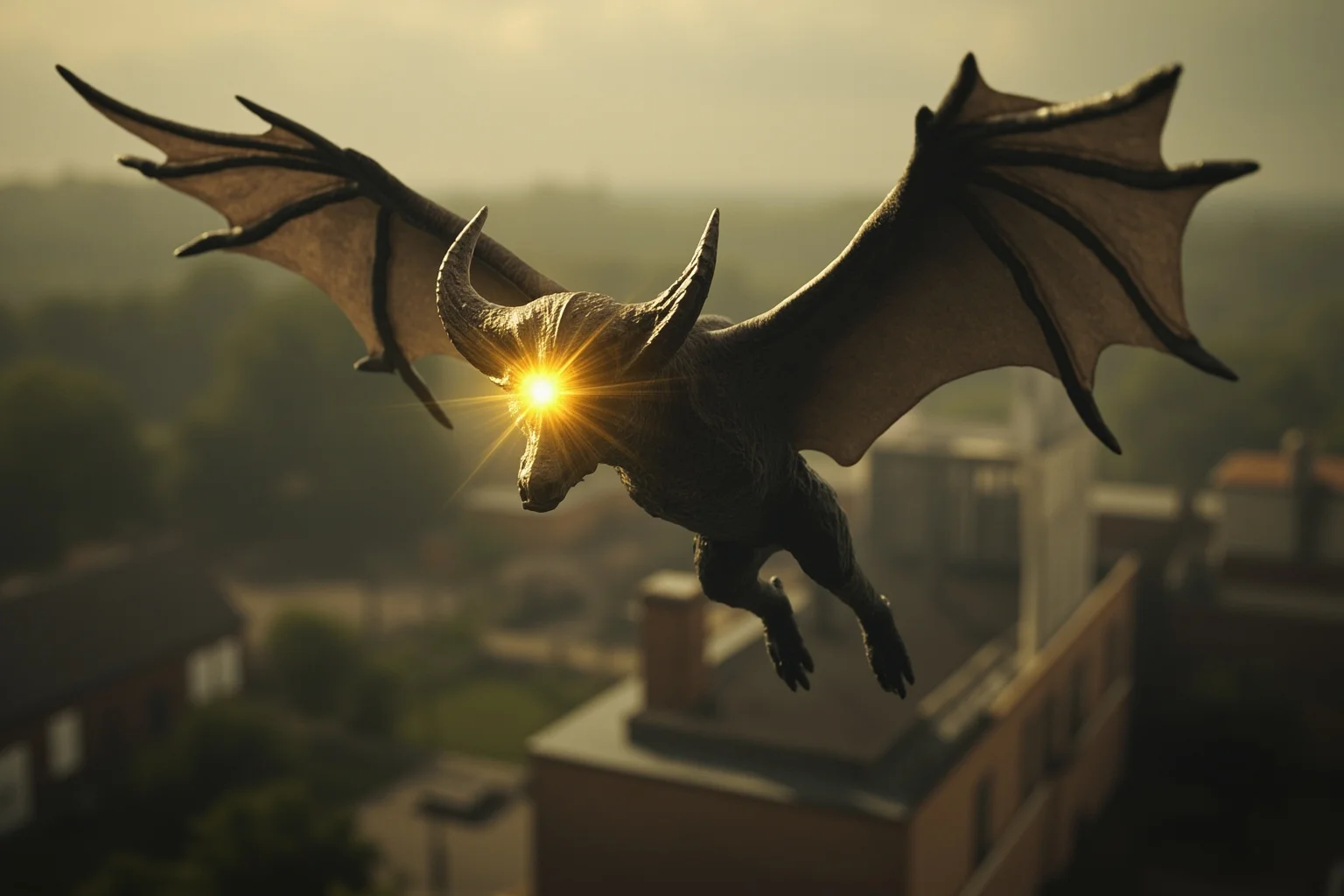 Famous Cryptids: 10 You Know and 16 Wild Ones You Probably Don't 20 A winged horned creature with a glowing light on its head flying over a small early 1900s town