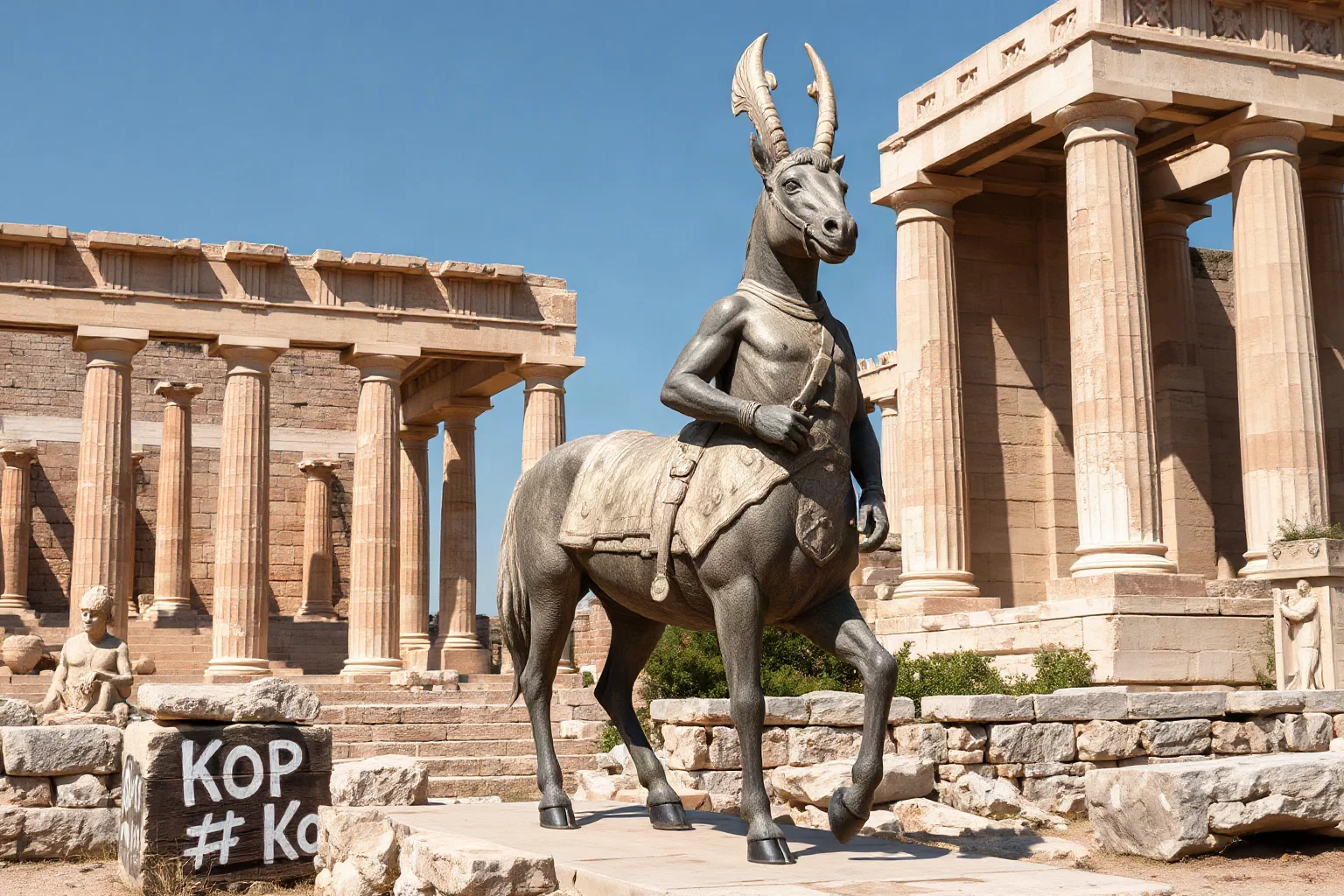 A wise centaur, half-man half-horse, standing among ancient Greek ruins