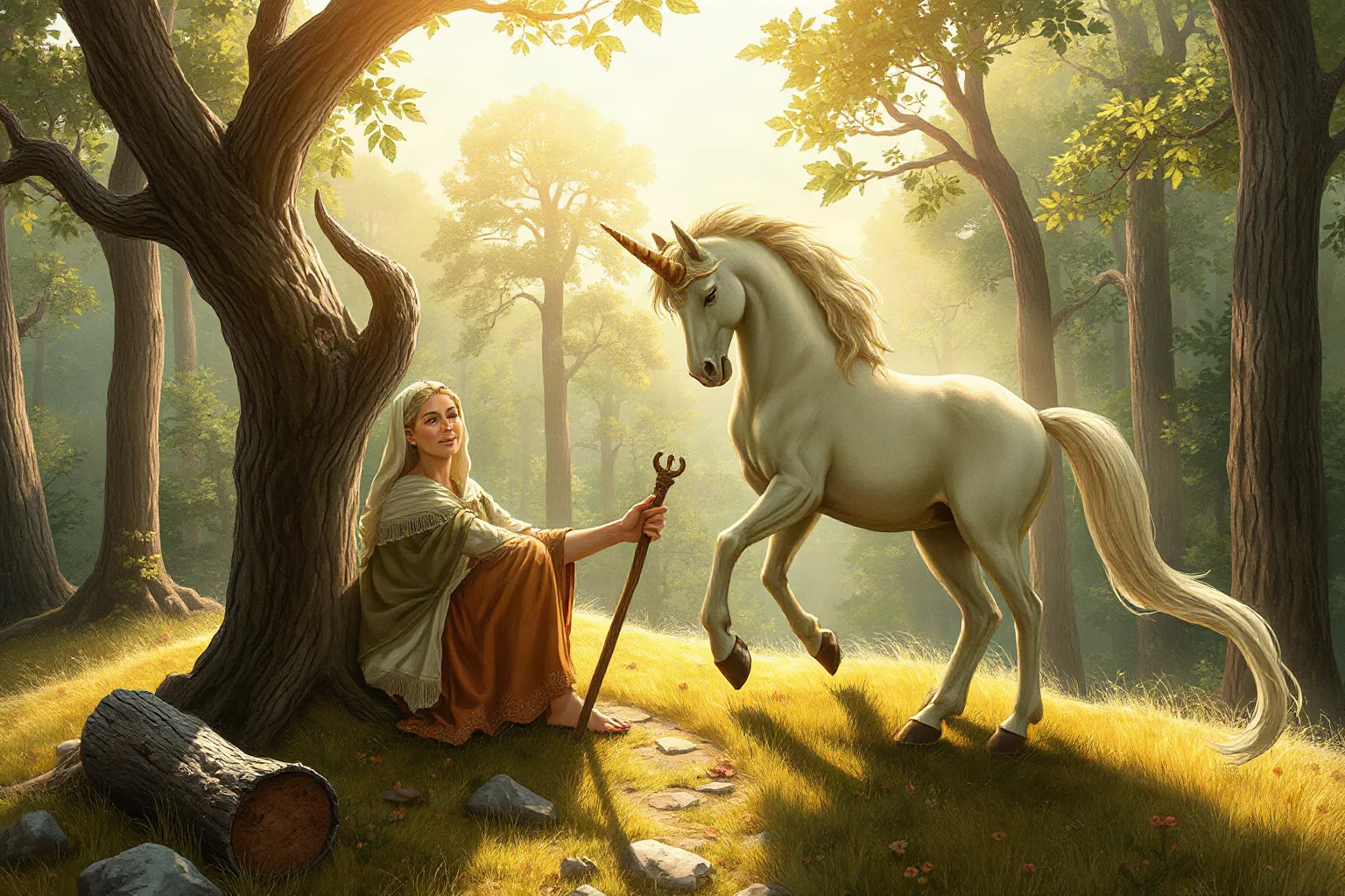 A wise gentle centaur healer tending a wound in a sunlit forest clearing, classical mythological illustration