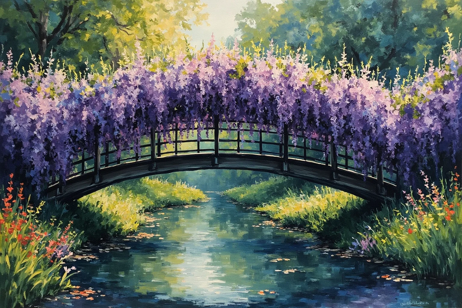 Amazing Facts About Claude Monet: His Life and 10 Greatest Paintings 18 A wisteria-covered wooden footbridge over a still garden pond, painted with thick expressive brushstrokes