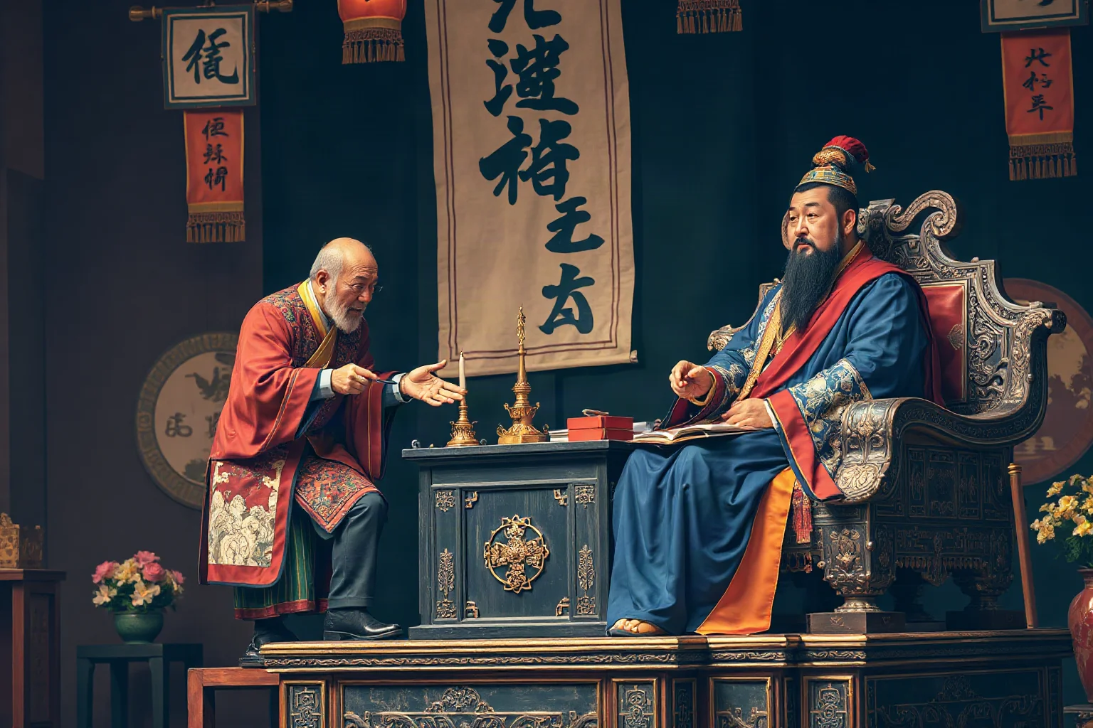 A witty Han Dynasty court advisor exchanging clever words with an emperor on an ornate throne