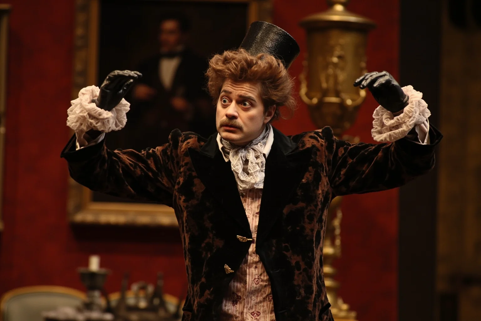 25 Greatest Historical Figures of the Victorian Era 11 A witty Victorian dandy in flamboyant period dress, gesturing expressively in a theater or salon setting