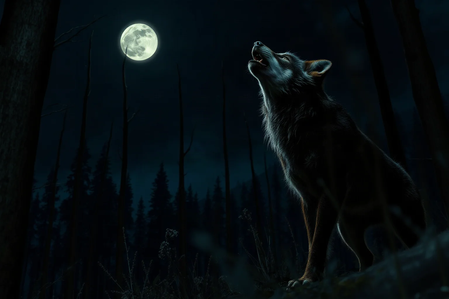 A wolf-like humanoid howling under a full moon in a dark European forest