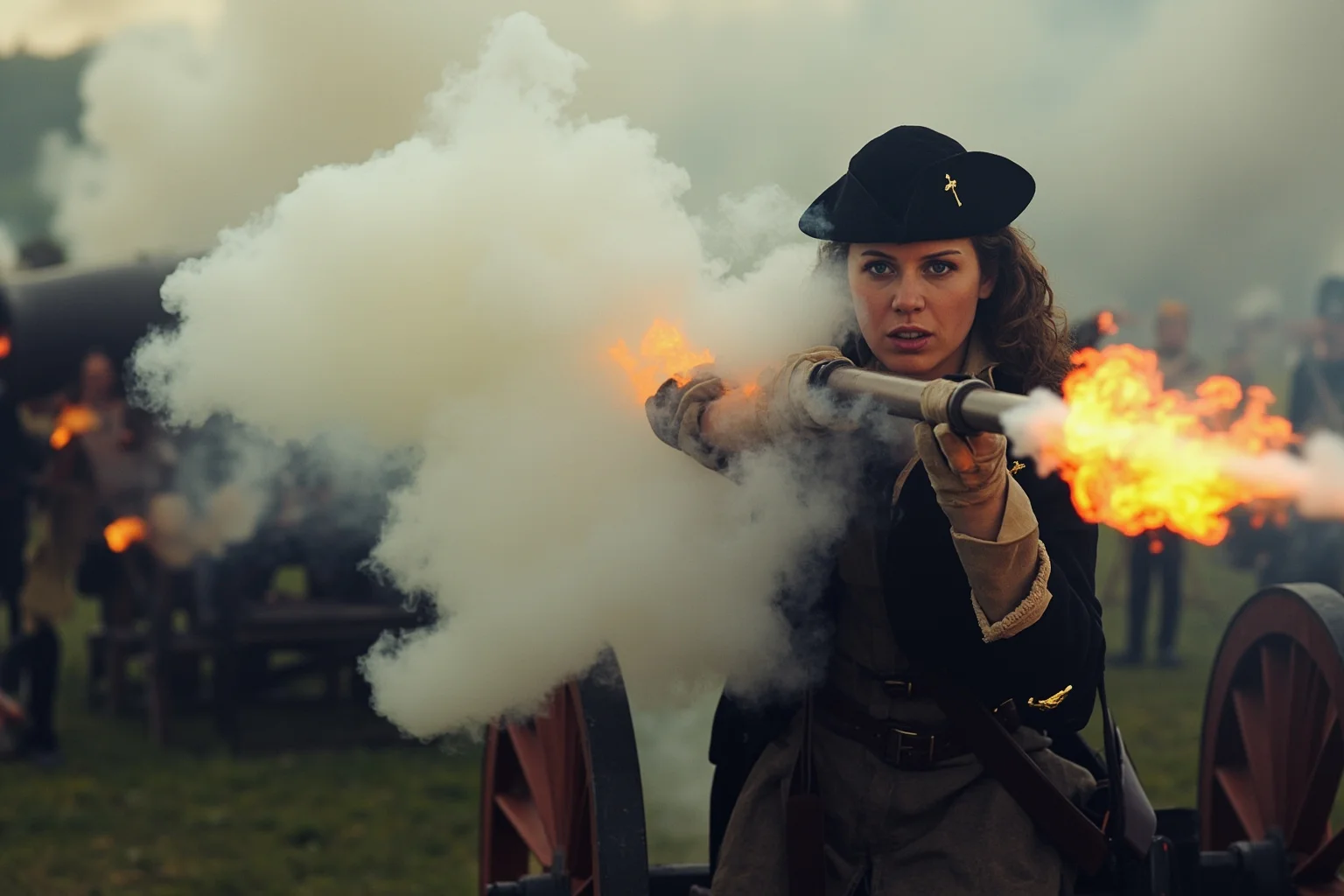 A woman firing a cannon at a Revolutionary War battle, smoke and chaos around her