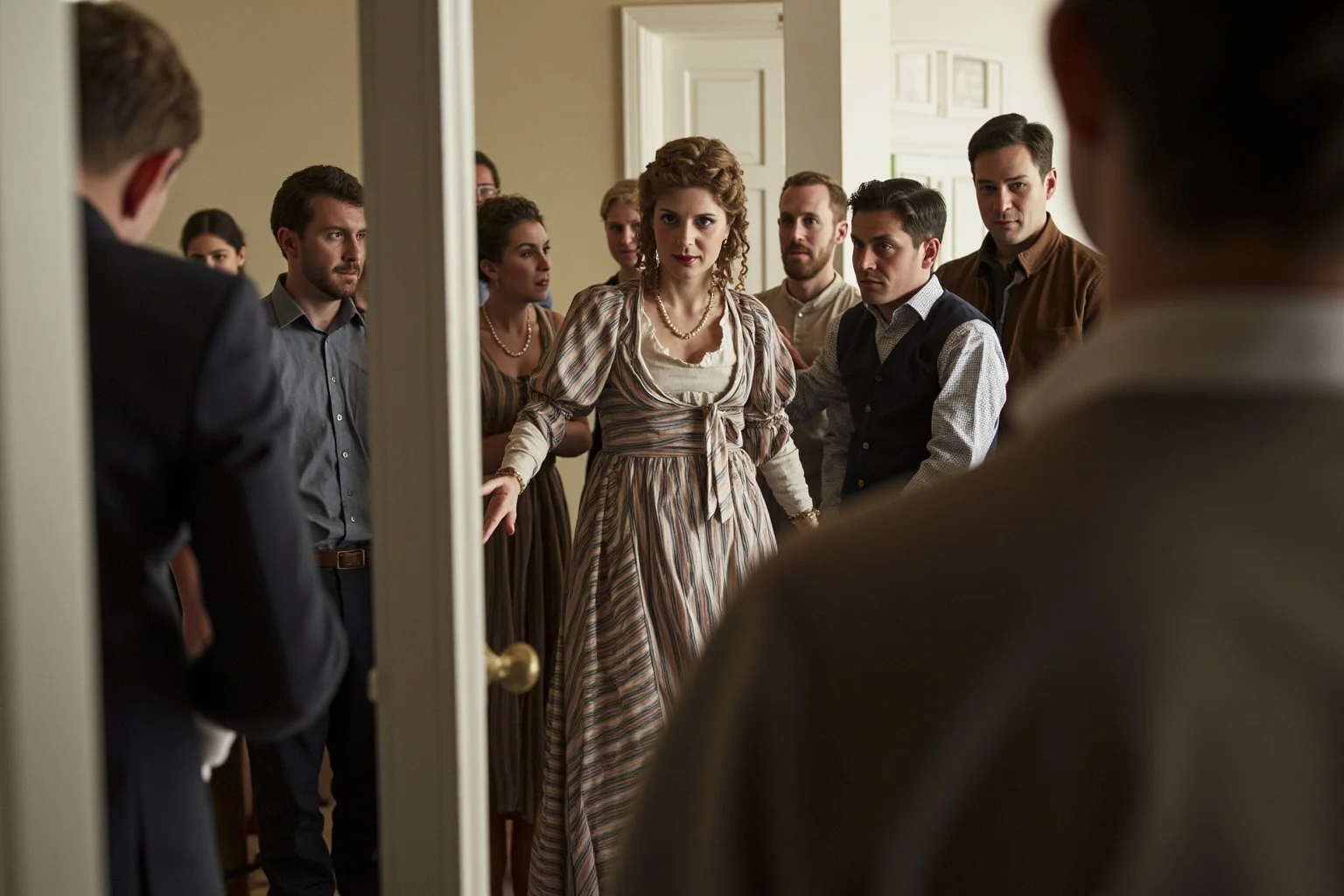 A woman in 18th-century colonial dress being welcomed into a grand plantation home by curious onlookers