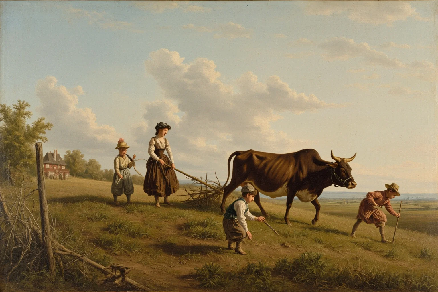 A woman in 18th-century dress plowing a field with oxen while children work nearby