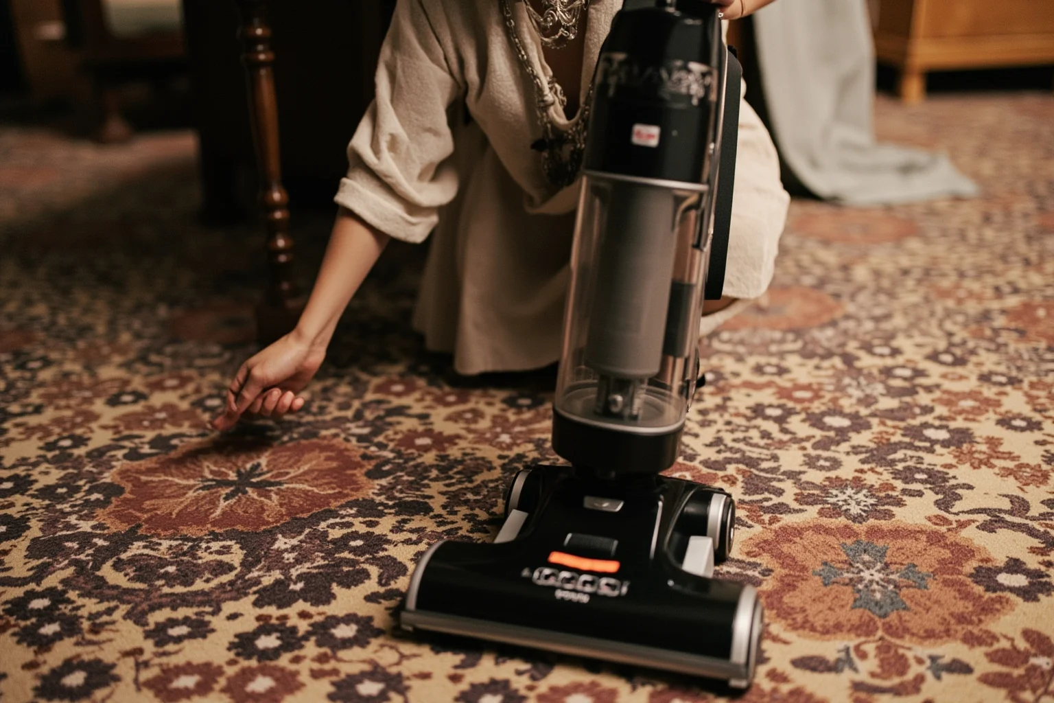 22 Things Every American Home Had in the 1920s 6 A woman in 1920s attire using an upright electric vacuum cleaner on a patterned rug