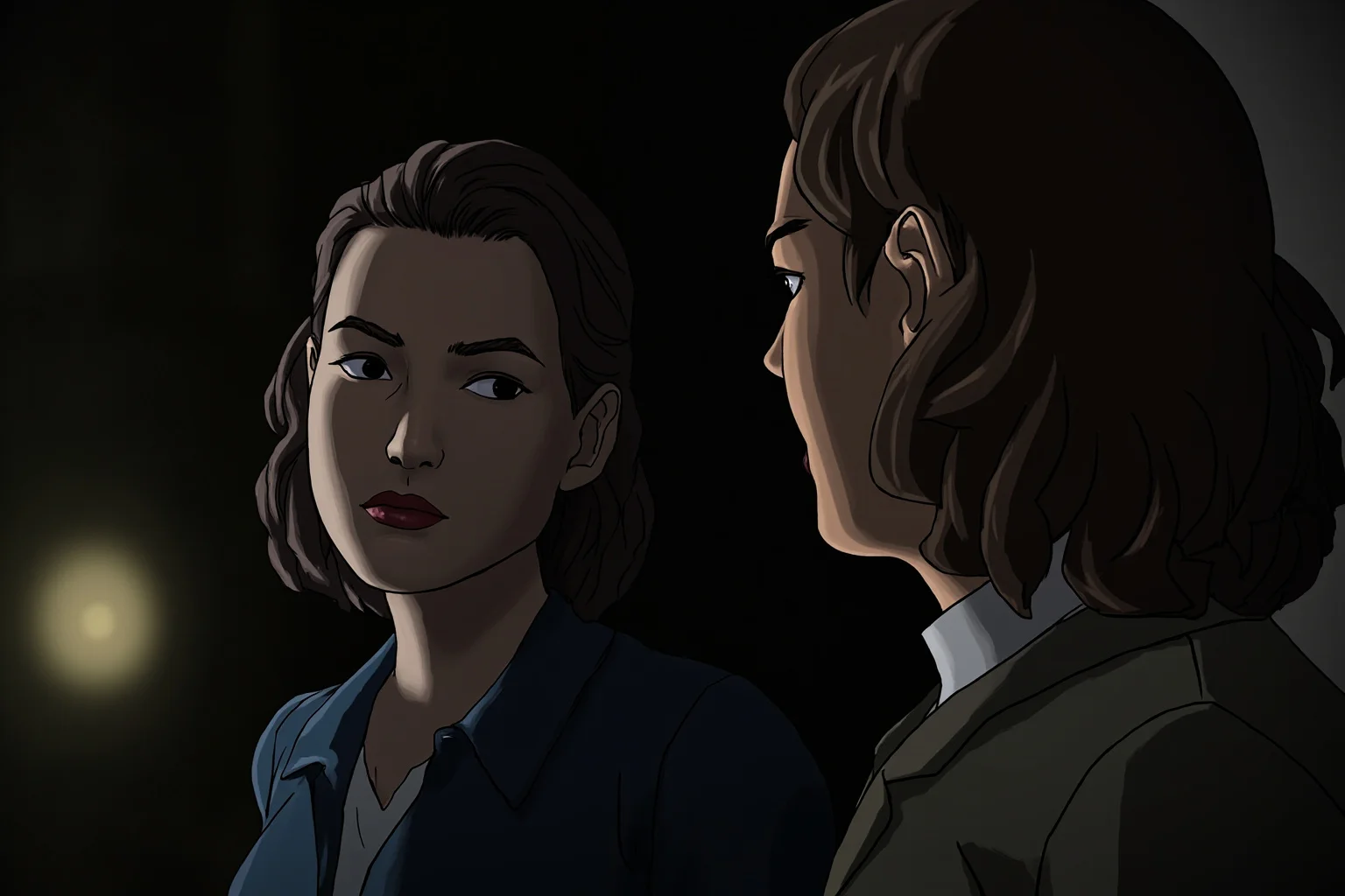 A woman in 1940s clothing being interrogated calmly in a dim prison room, illustrated style