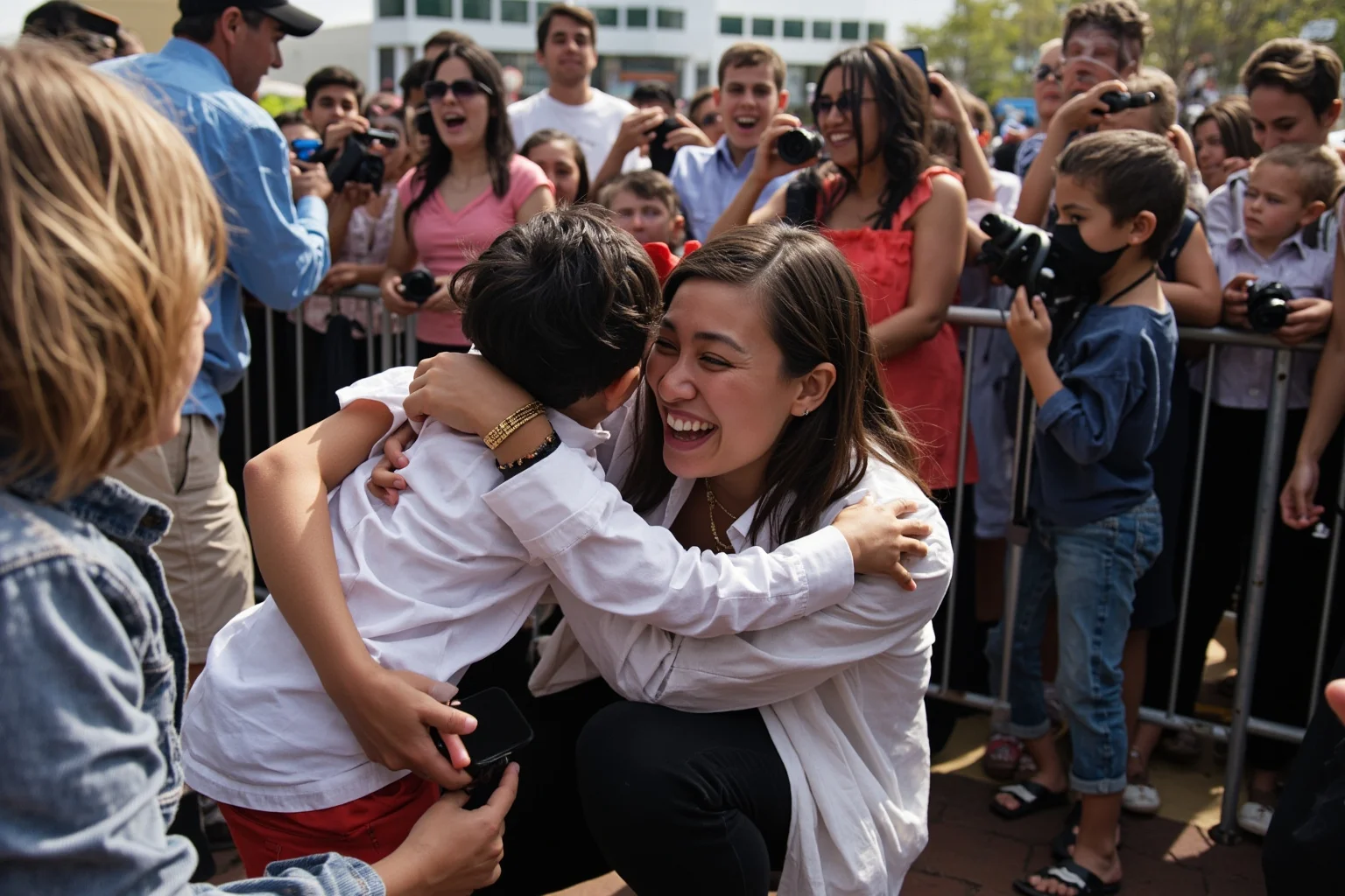 A woman in a crowd kneeling to hug a small child while onlookers smile, outdoor public event