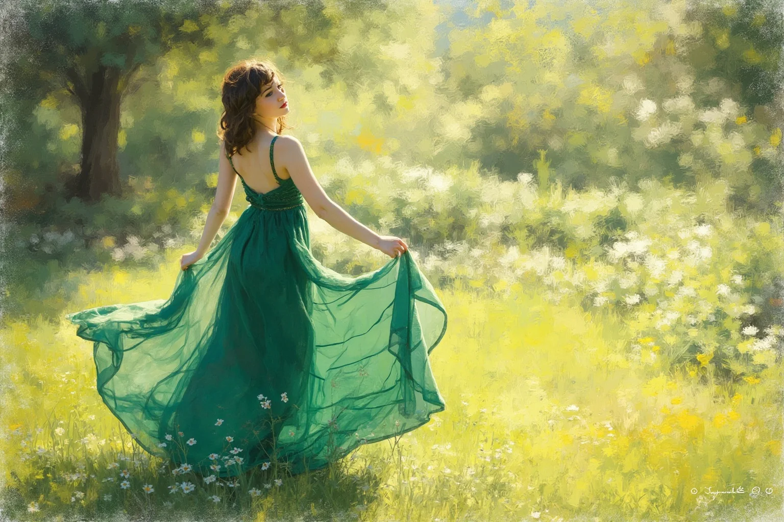 Amazing Facts About Claude Monet: His Life and 10 Greatest Paintings 8 A woman in a flowing green dress standing in a sunlit garden, painted in soft impressionist brushwork