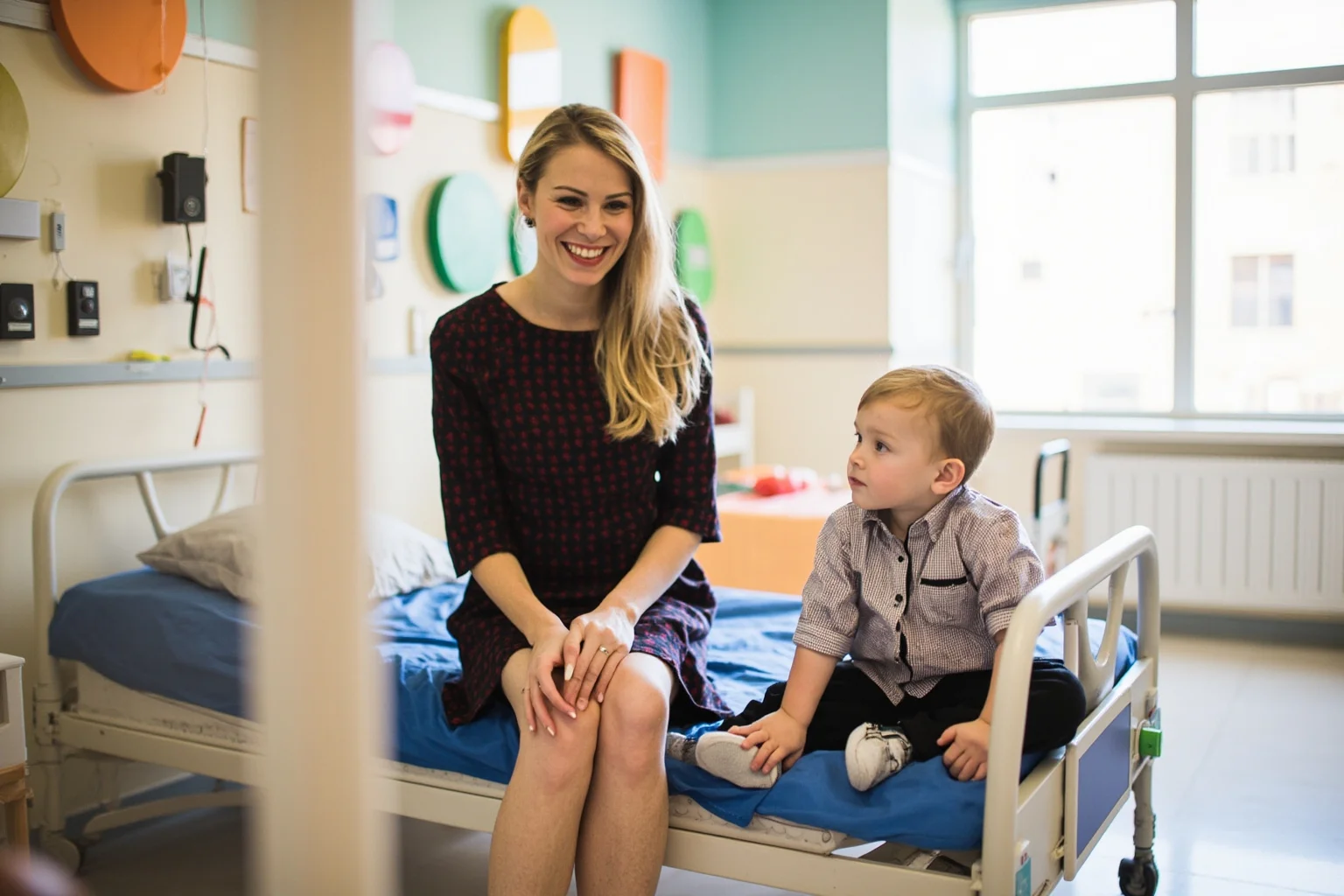 A woman in a smart dress sitting on a hospital bed at a child's eye level in a colorful children's ward