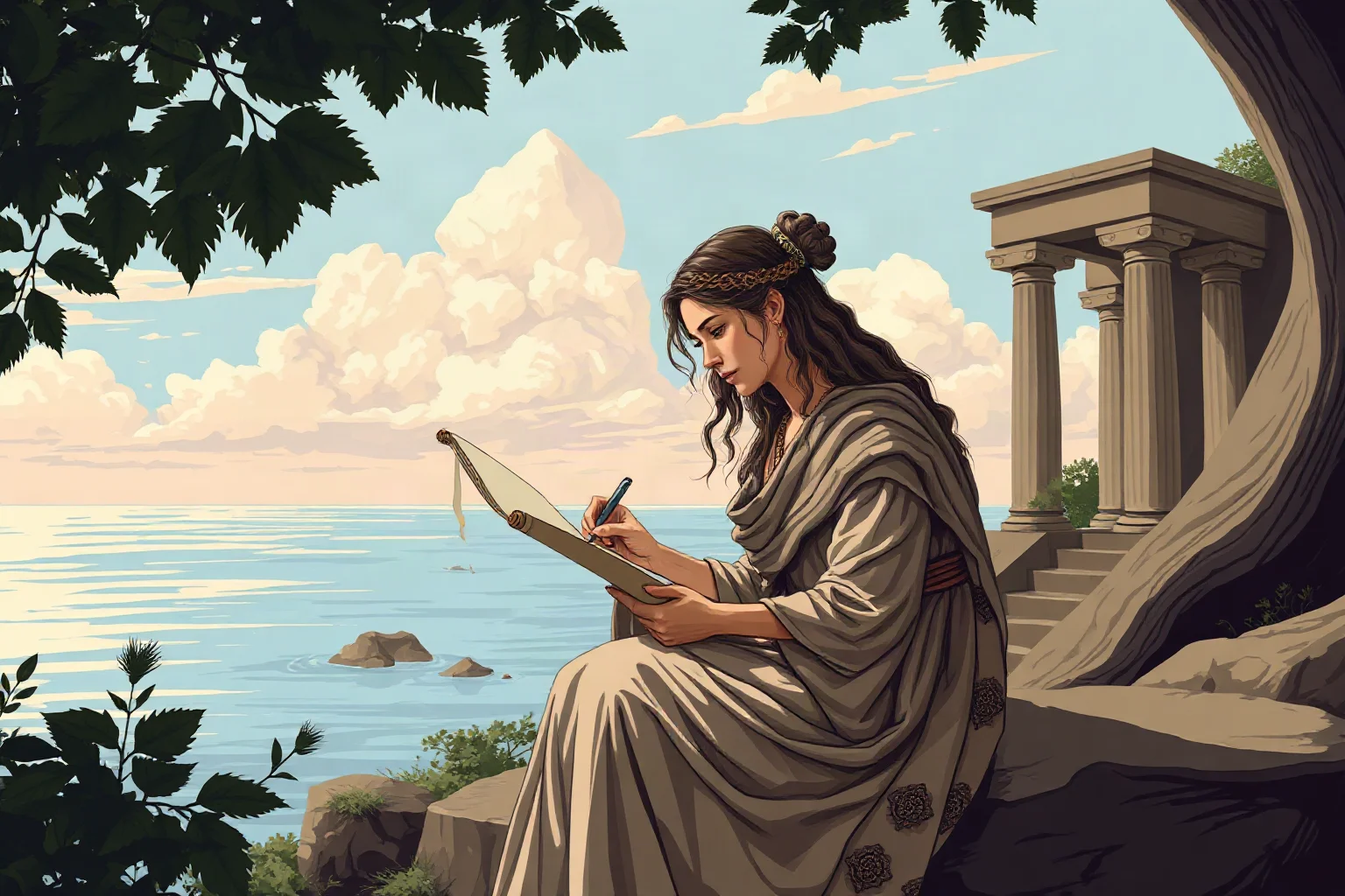 A woman in ancient Greek dress writing on a scroll on a cliffside overlooking the sea, illustrative style
