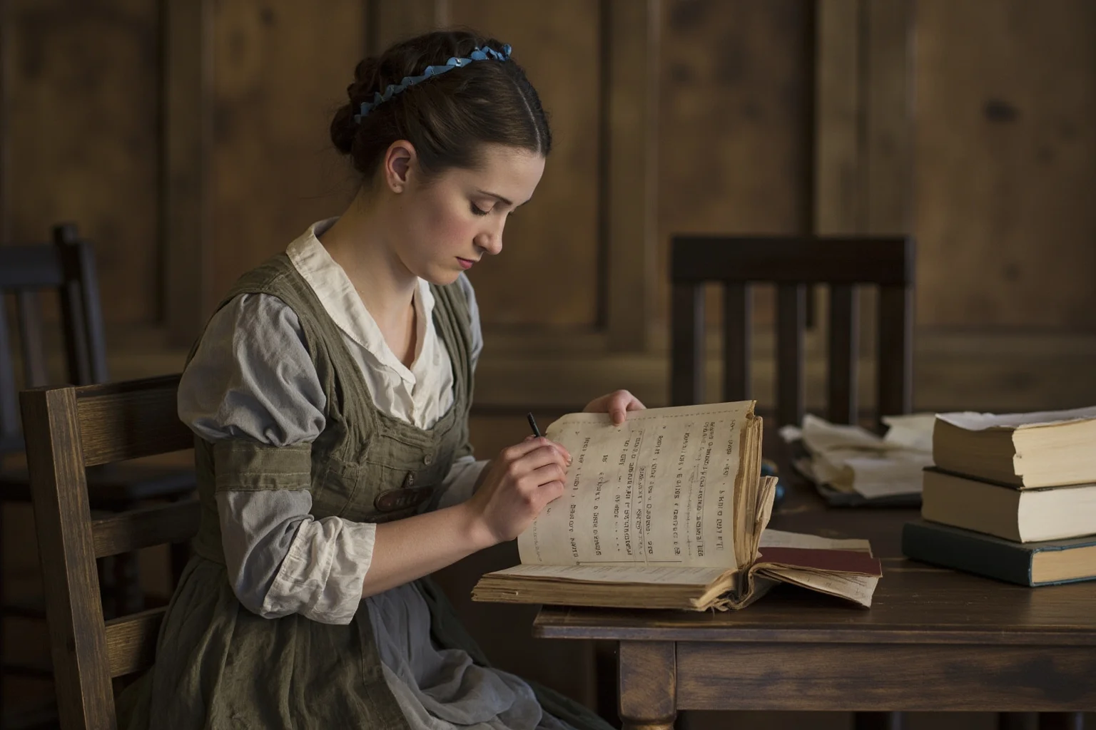 A woman in colonial dress working independently managing a farm ledger and household accounts