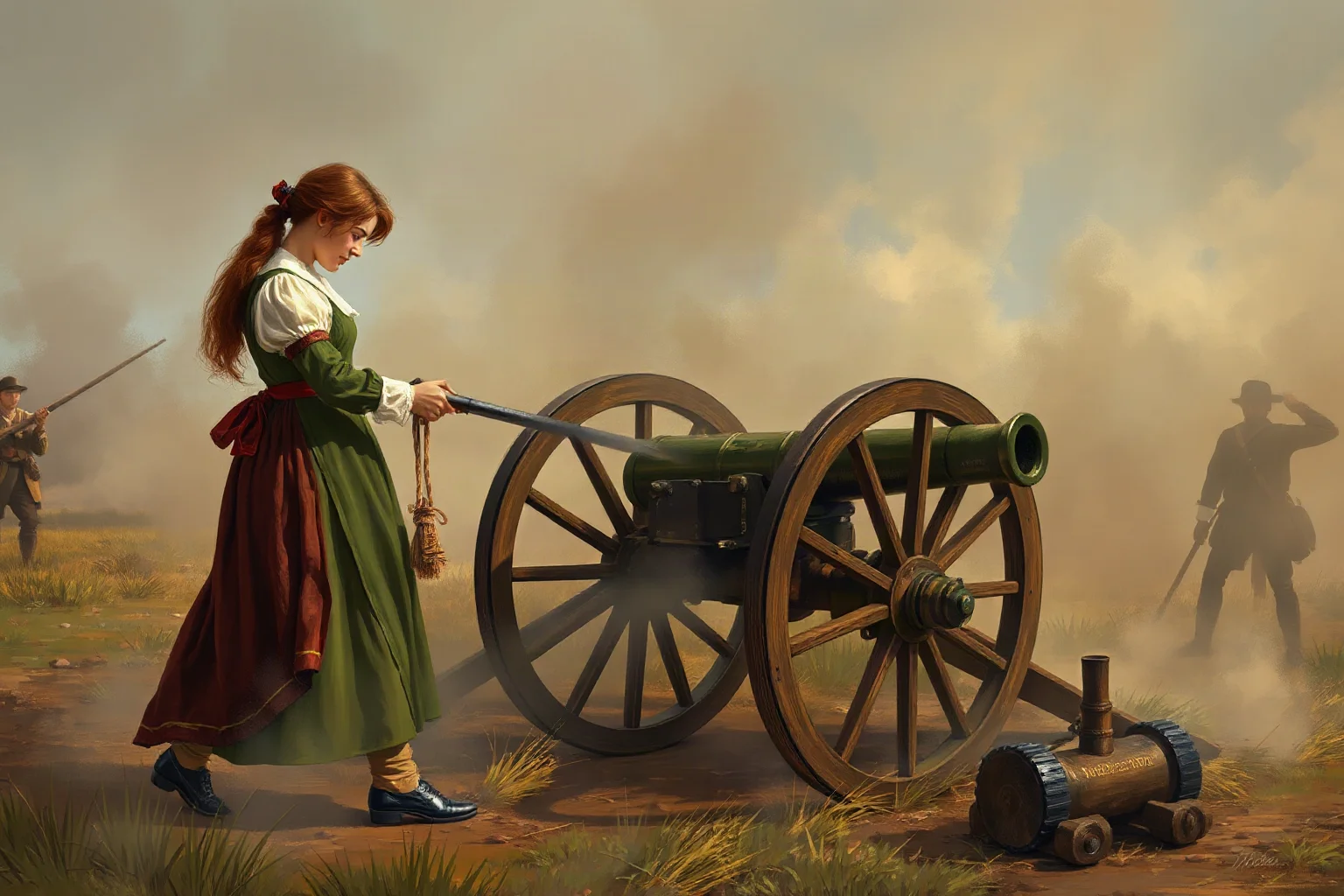 A woman in colonial-era dress loading a cannon on a smoky Revolutionary War battlefield, historical illustration