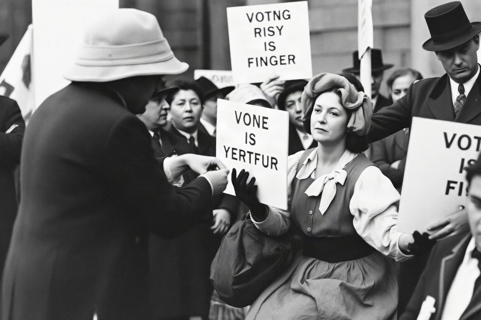A woman in Edwardian dress being force-fed during a hunger strike, protesting for voting rights