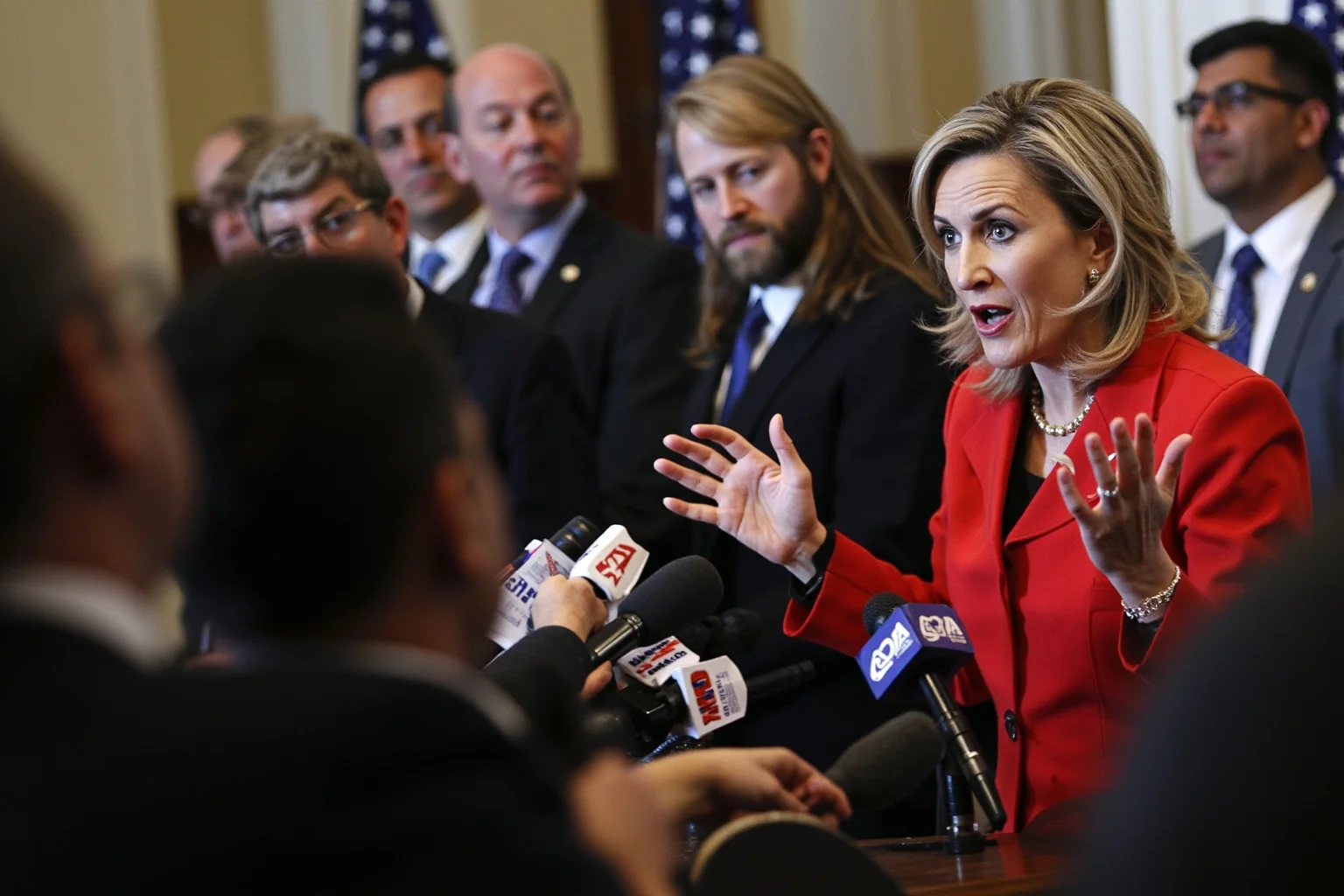 A woman in formal attire speaking passionately at a podium with a small crowd of press and dignitaries in Washington D.C.