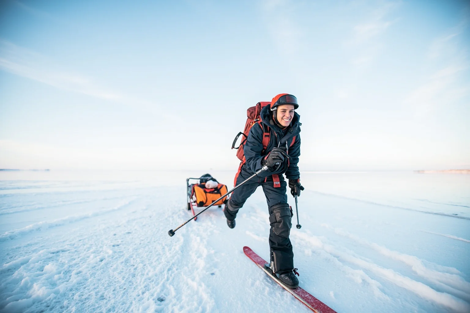 A woman in modern cold-weather expedition gear skiing across a bright Arctic ice field pulling a supply sled