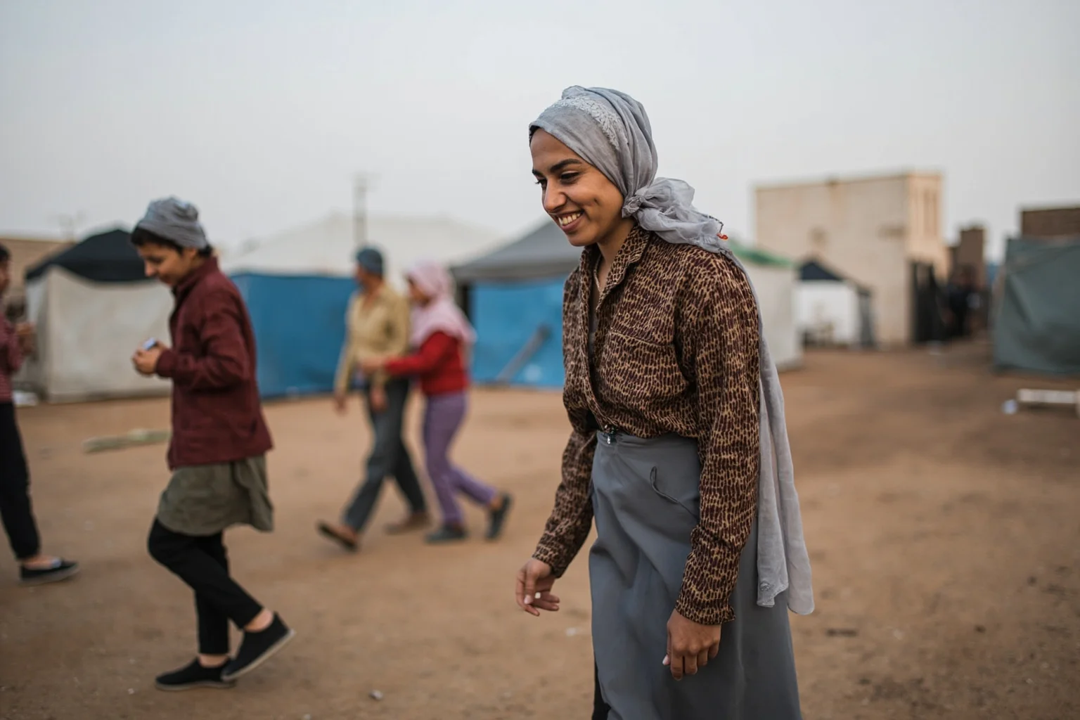 A woman in modest travel clothing walking through a sprawling refugee camp of tents and makeshift shelters, greeting families