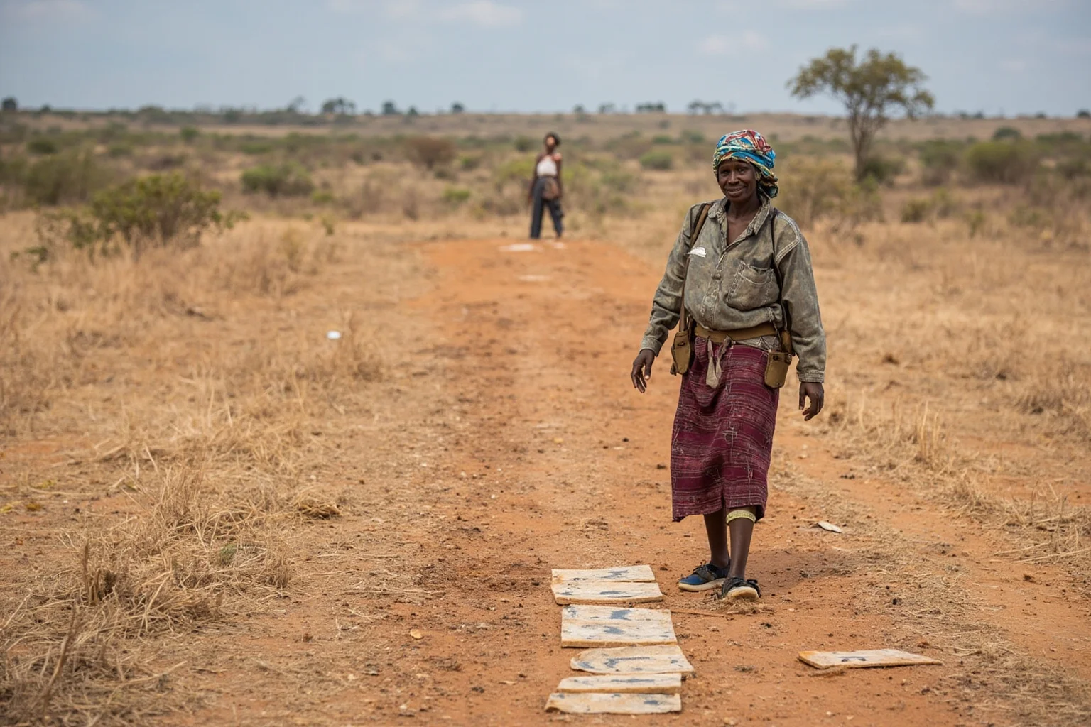 A woman in protective gear and headscarf walking cautiously across a marked minefield clearance site in a rural African landscape