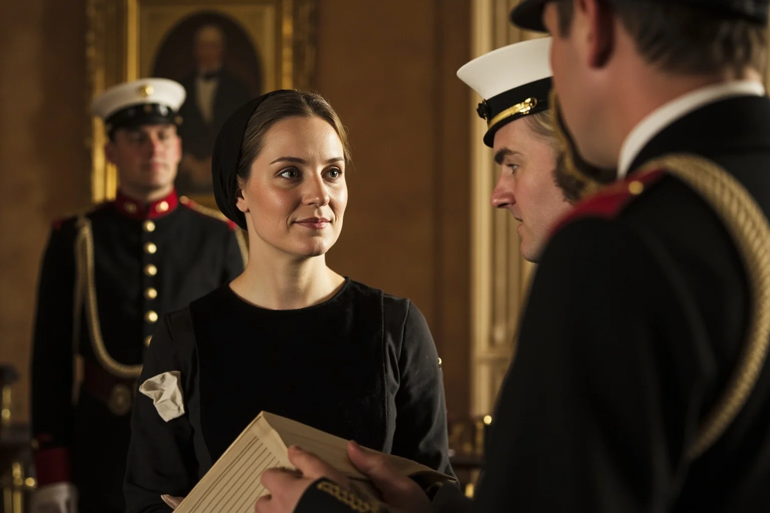 A woman in Quaker dress overhearing British officers in conversation in a colonial parlor