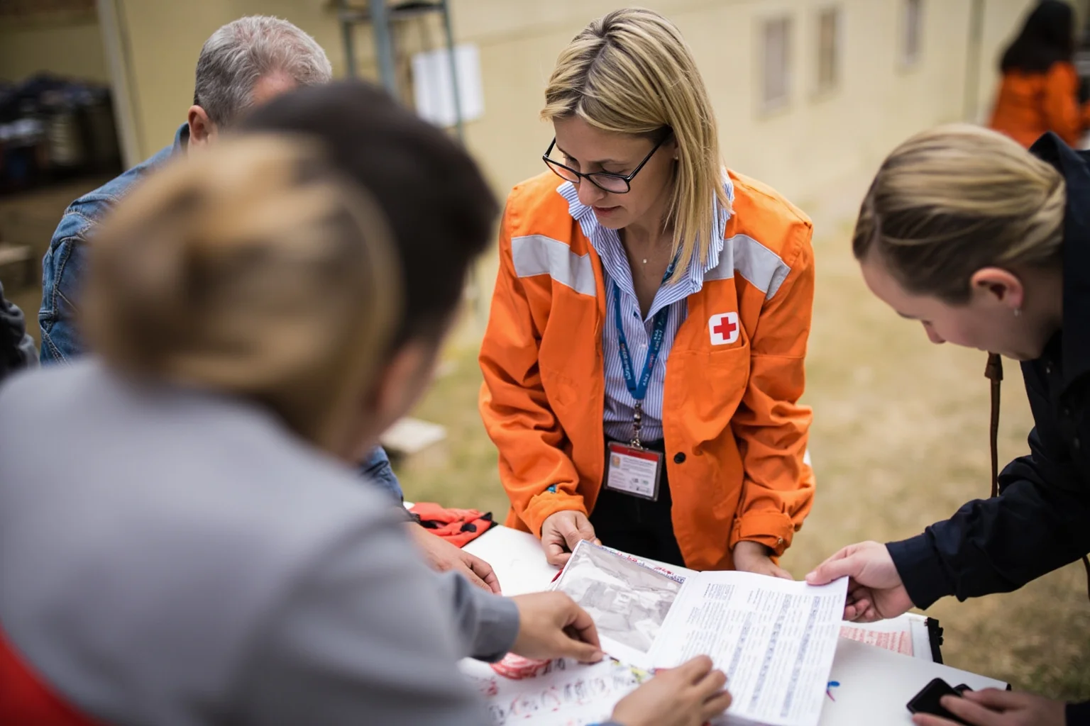 A woman in Red Cross branded clothing reviewing landmine awareness materials with aid workers at a table