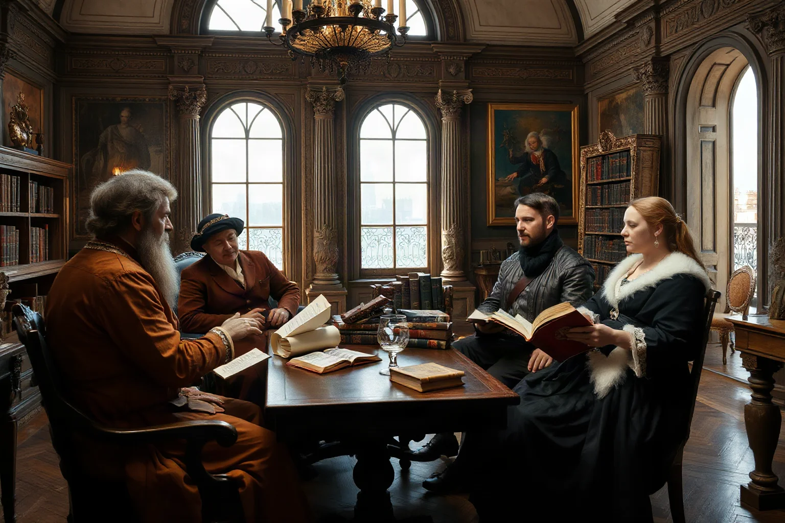 A woman in Renaissance Venice participating in a philosophical dialogue, surrounded by books and learned men in an elegant interior
