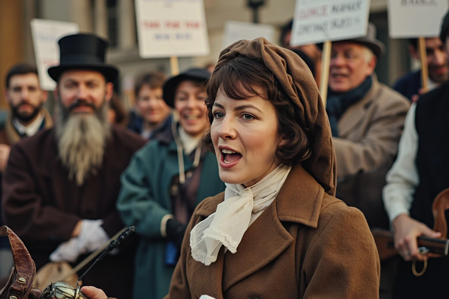 25 Greatest Historical Figures of the Victorian Era 16 A woman in Victorian dress speaking passionately at a public gathering or rally, surrounded by period-appropriate clothing