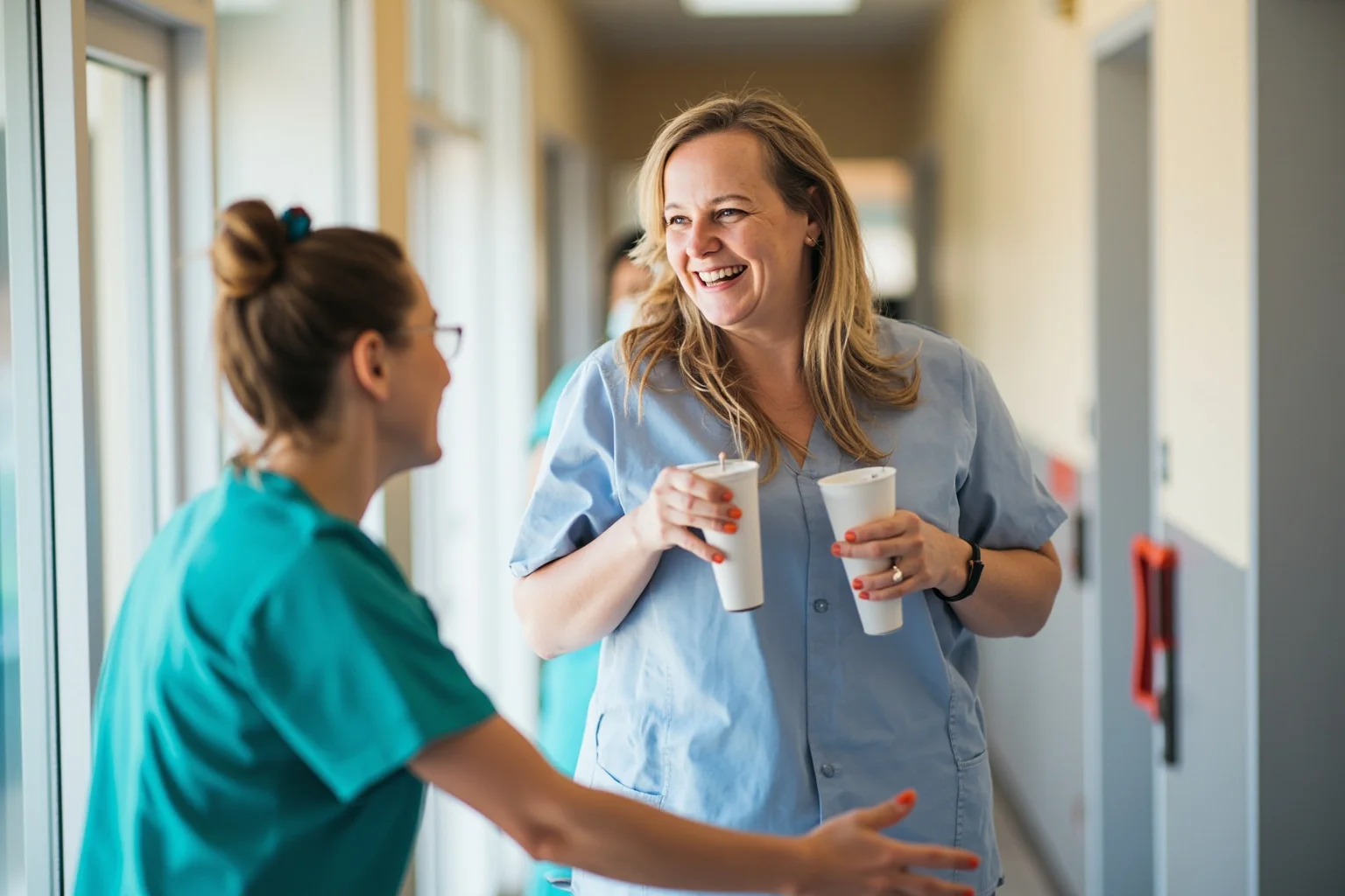 A woman laughing warmly with hospital nurses in a corridor, friendly and informal body language