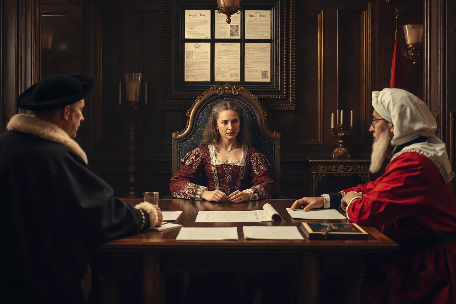 A woman nobleman in Renaissance dress negotiating a treaty, seated across from other diplomats at an ornate table with documents