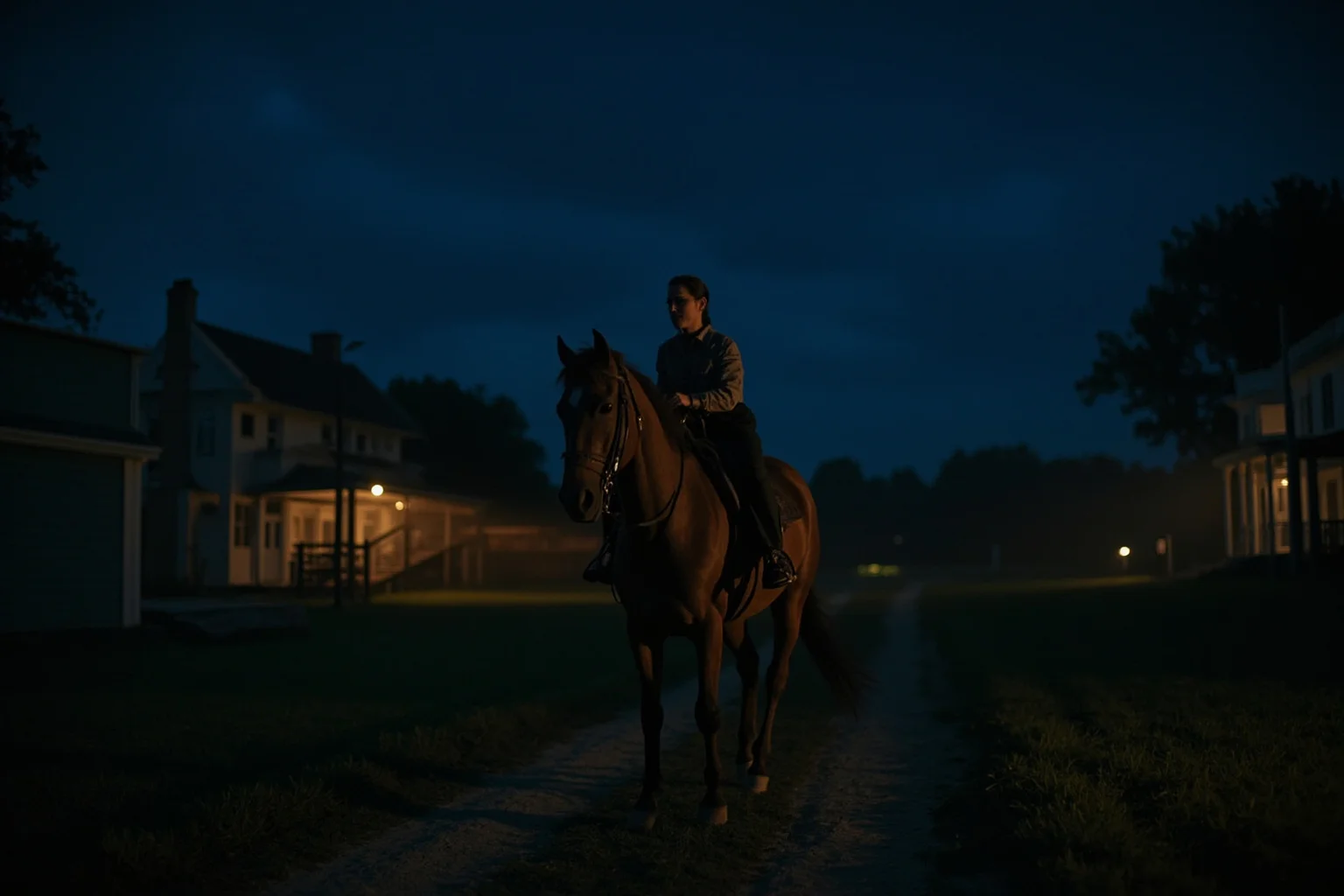 A woman on horseback riding urgently through a nighttime rural colonial landscape