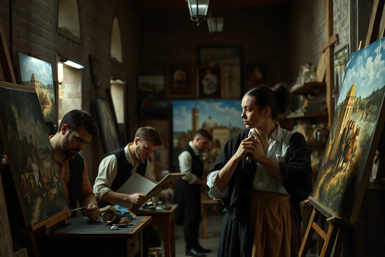 A woman painter in a Venetian Renaissance studio, working alongside male artists, with canvases and artistic works visible in the background