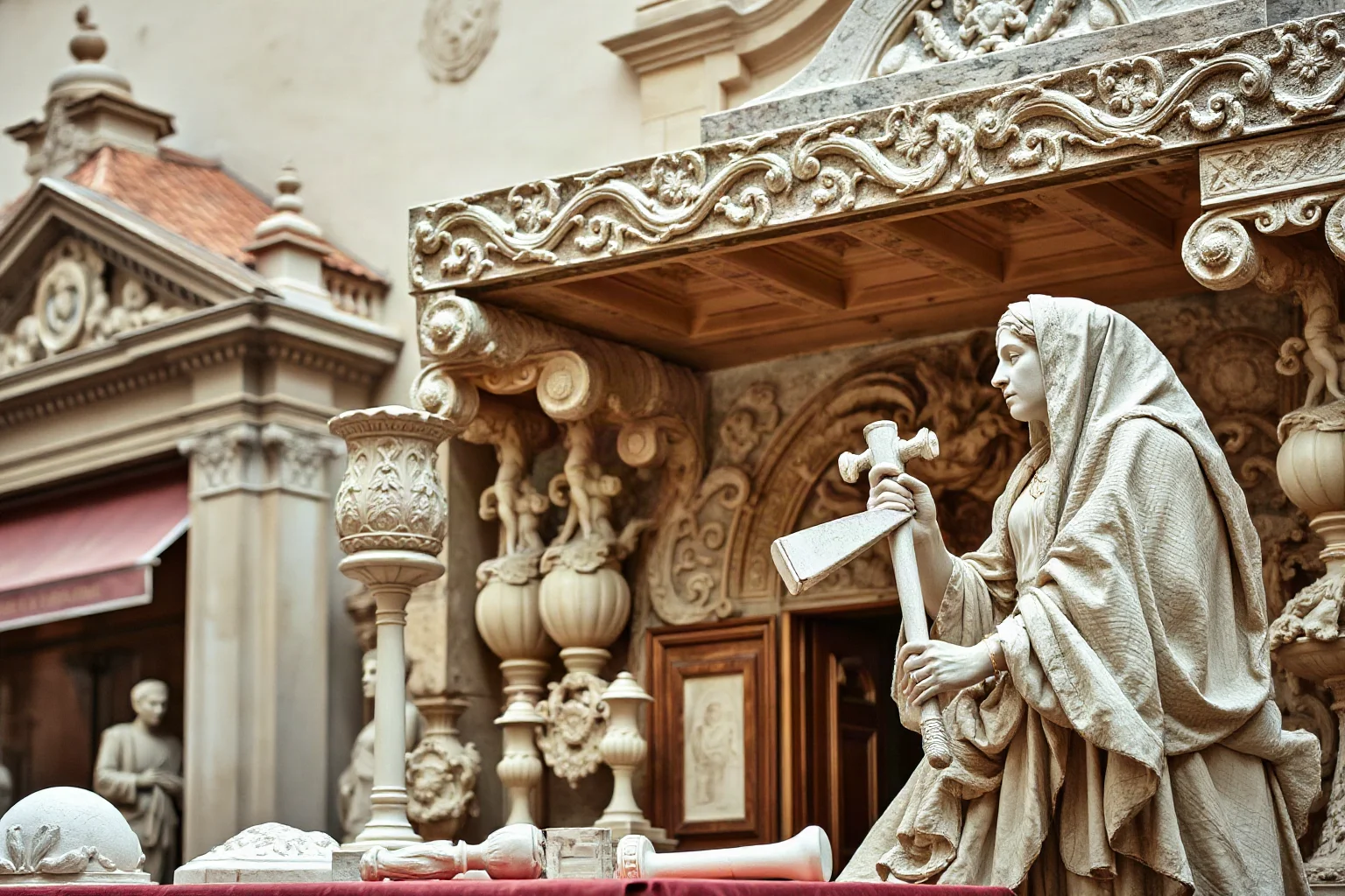 A woman sculptor in Renaissance Italy carving intricate stone relief details, chisel and hammer in hand, with classical architectural elements nearby
