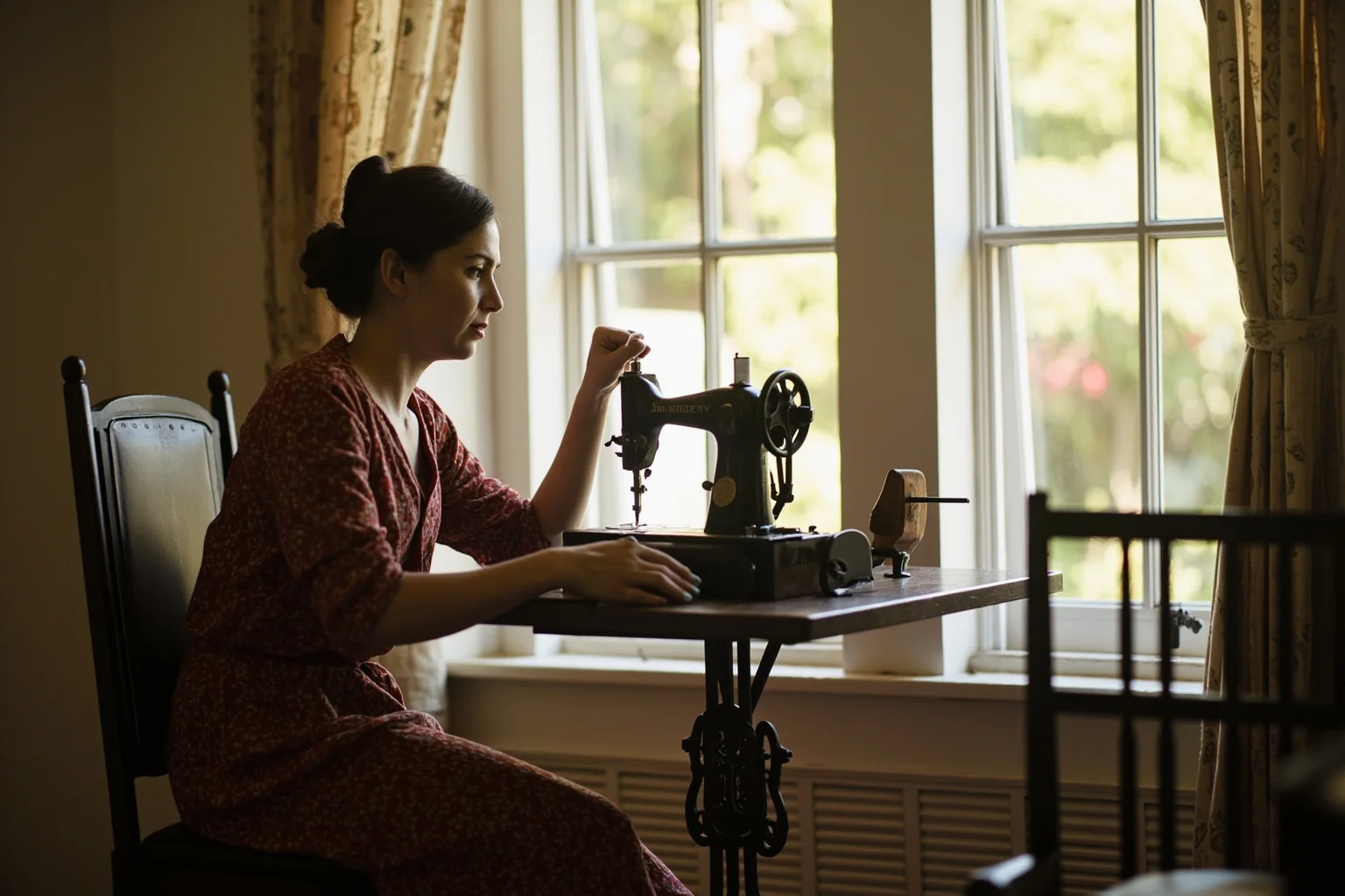 22 Things Every American Home Had in the 1920s 9 A woman seated at a foot-treadle sewing machine in a sunlit 1920s parlor