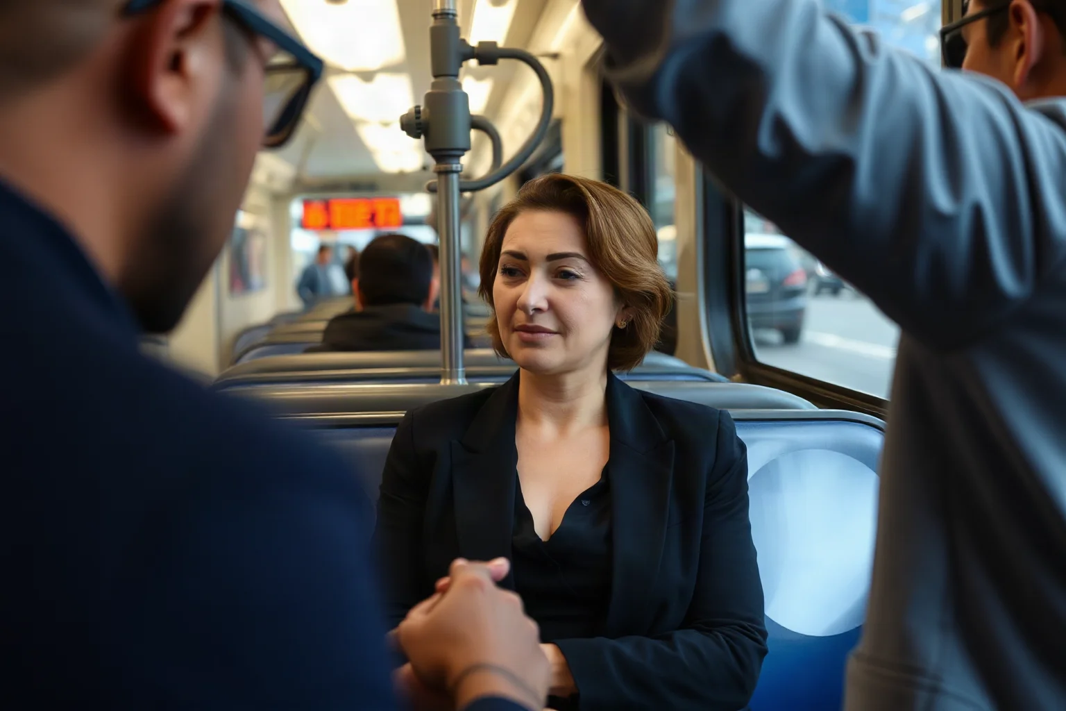 A woman sitting calmly on a bus seat while facing confrontation, refusing to move
