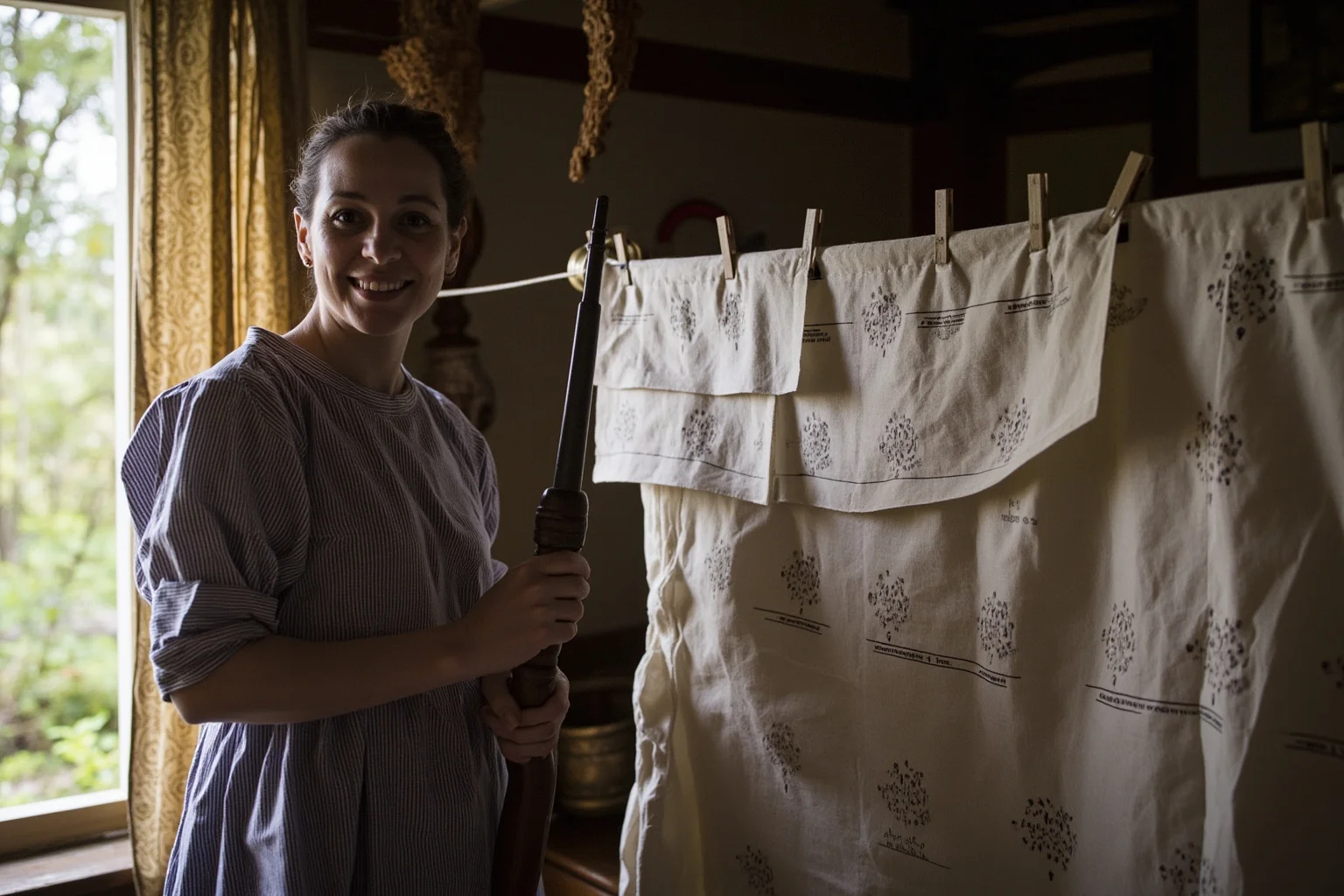 A woman using a clothesline with specific patterns visible, in a colonial home setting
