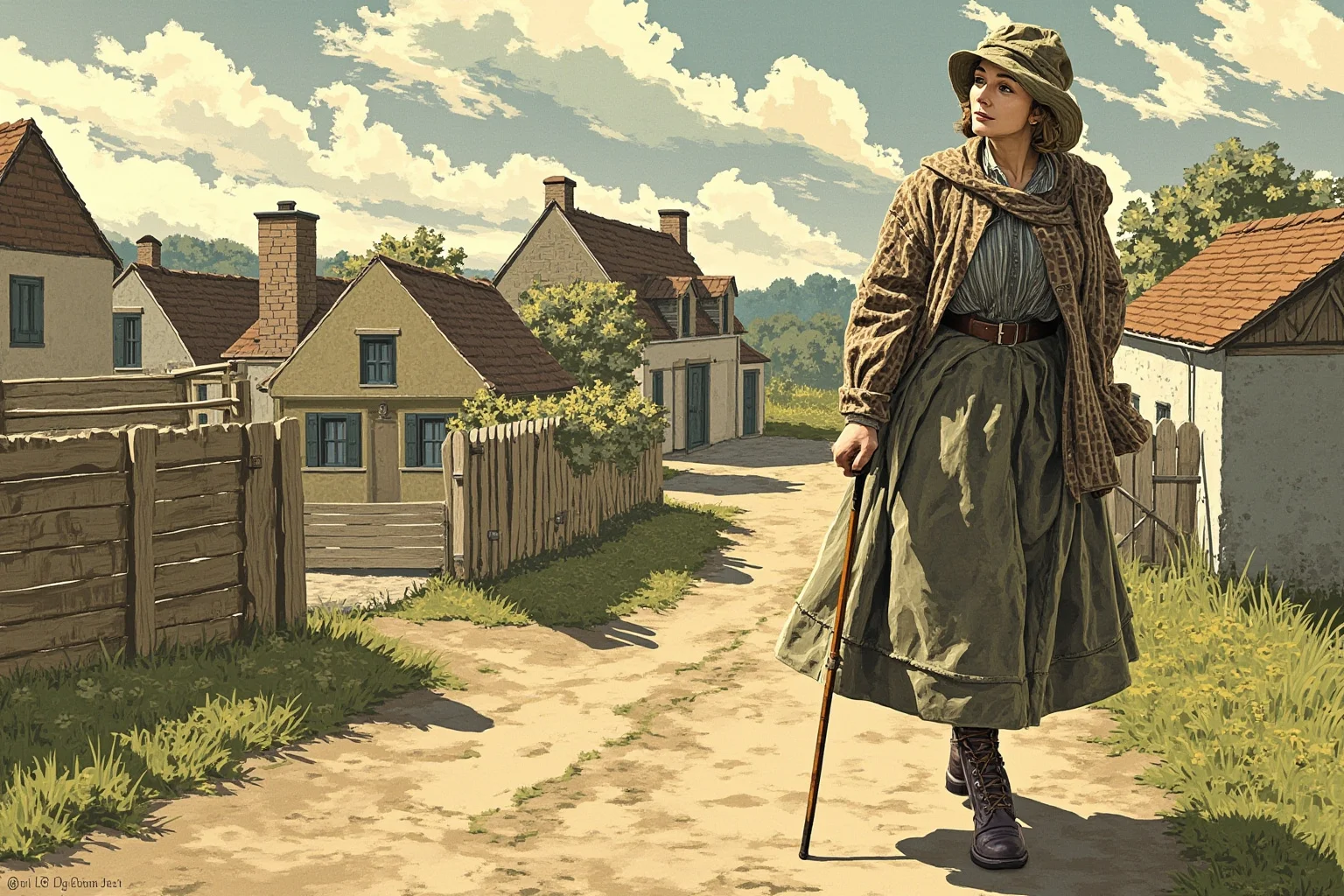 A woman with a cane walking confidently through a WWII French village disguised as a peasant, illustrated style