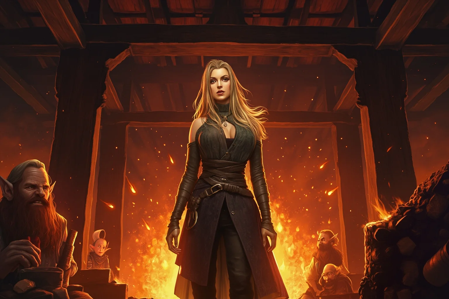 From Thor to Loki: 20 Gods, Goddesses, and Heroes of Norse Mythology 14 A woman with long golden hair standing beside a forge where dwarves work, fantasy illustration with warm firelight