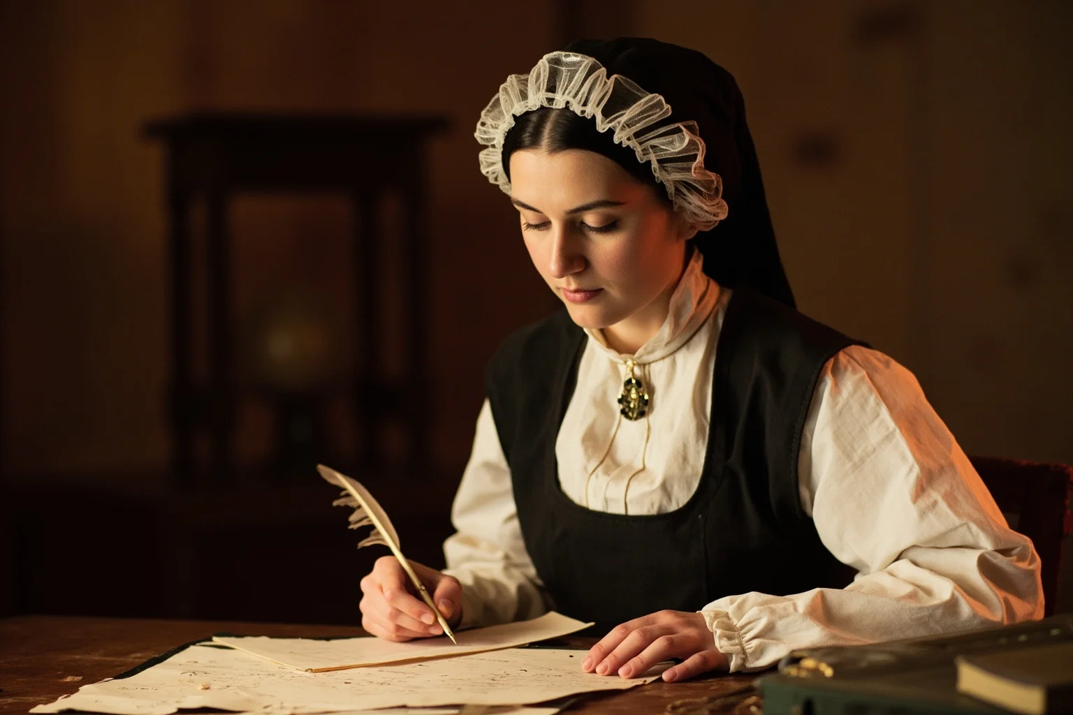 A woman writing at a desk in colonial dress, with a quill pen and correspondence papers