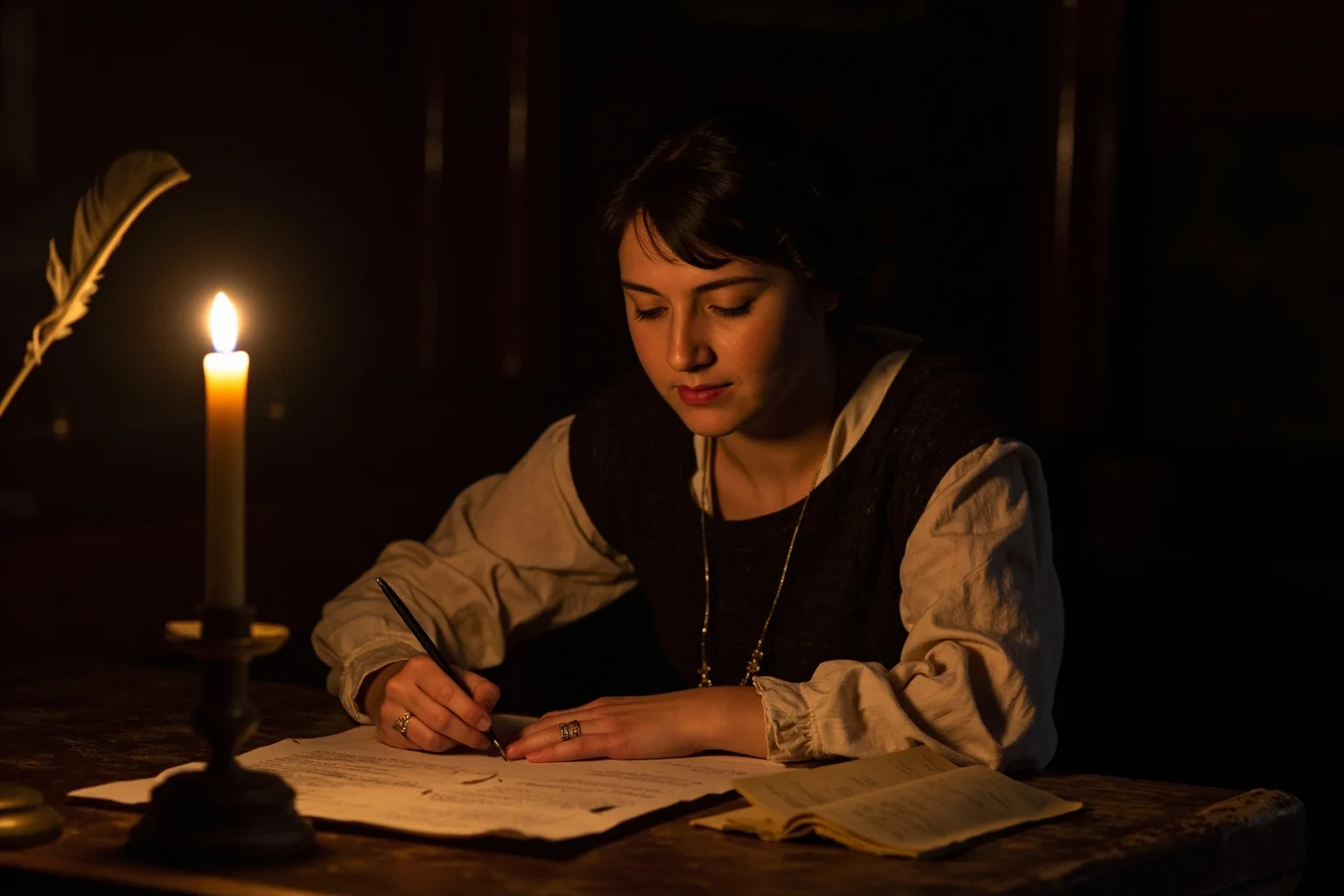 A woman writing by candlelight at a desk with quill pen and papers, 18th-century study
