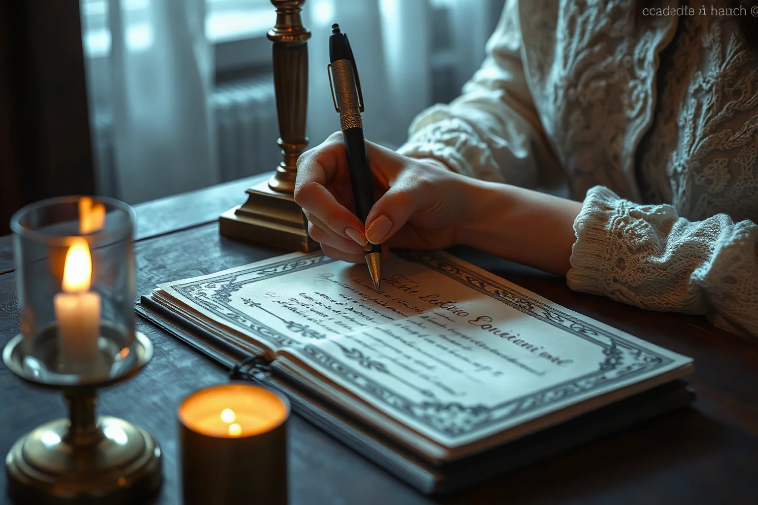 A woman's hand writing an ornate love letter by candlelight at an antique writing desk