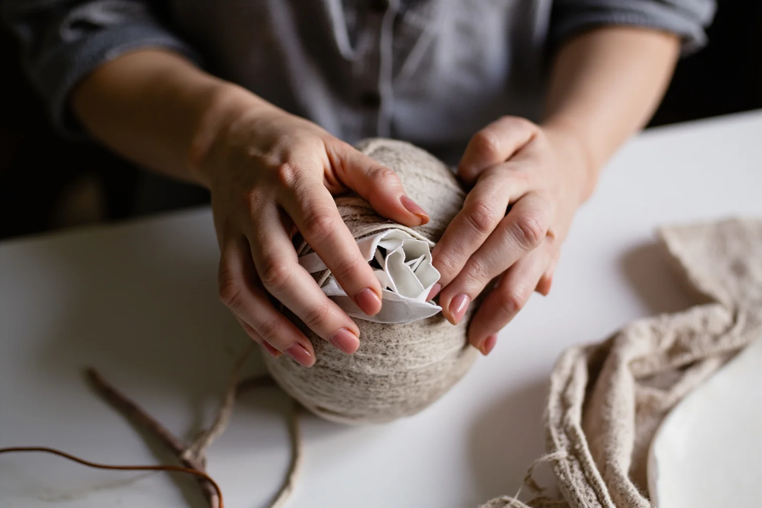 A woman's hands working with a knitting ball containing hidden rolled paper