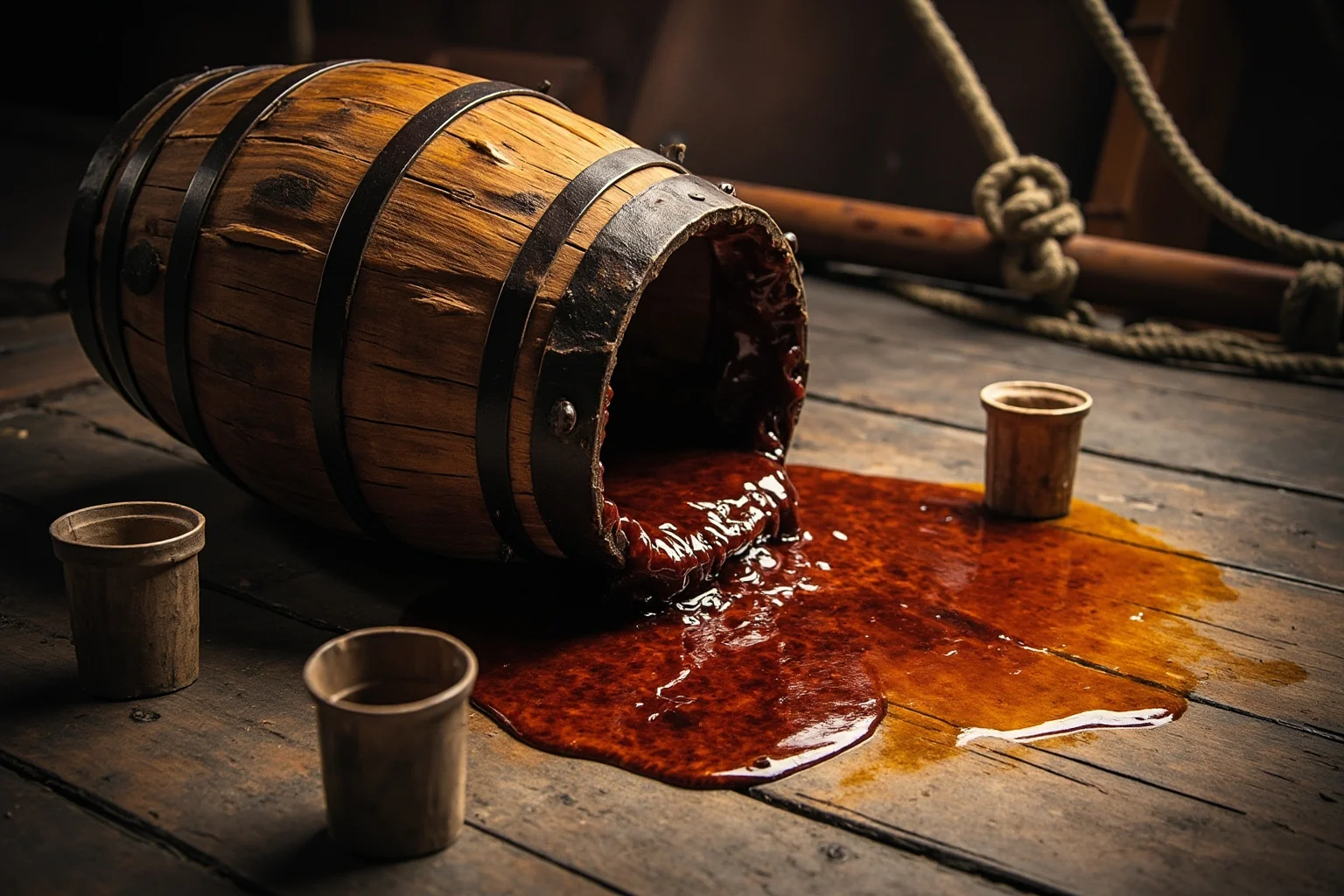 A wooden barrel of rum tipped over on a ship deck with spilled liquid and scattered cups