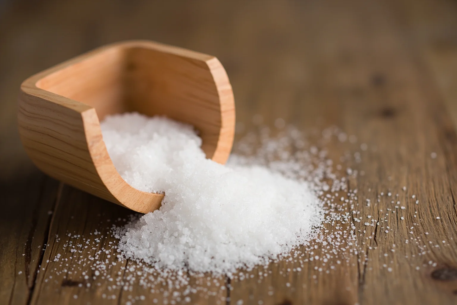 A wooden bowl of spilled white salt on a rustic table