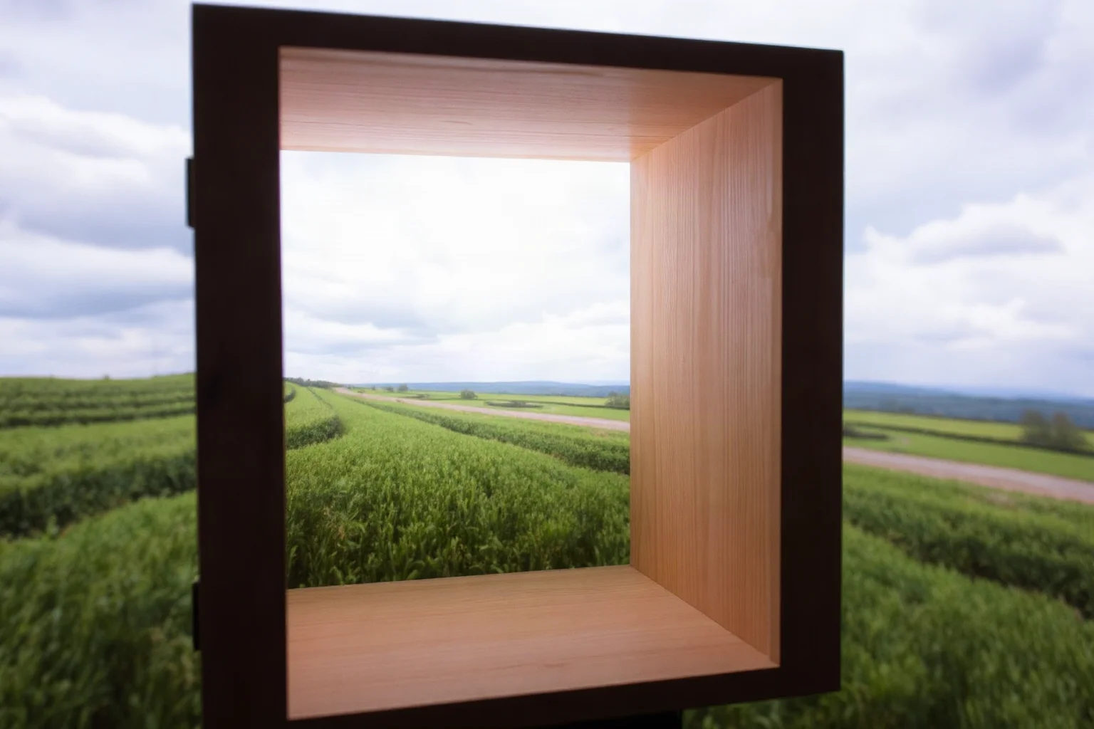 A wooden camera obscura box projecting an inverted landscape image onto an interior wall