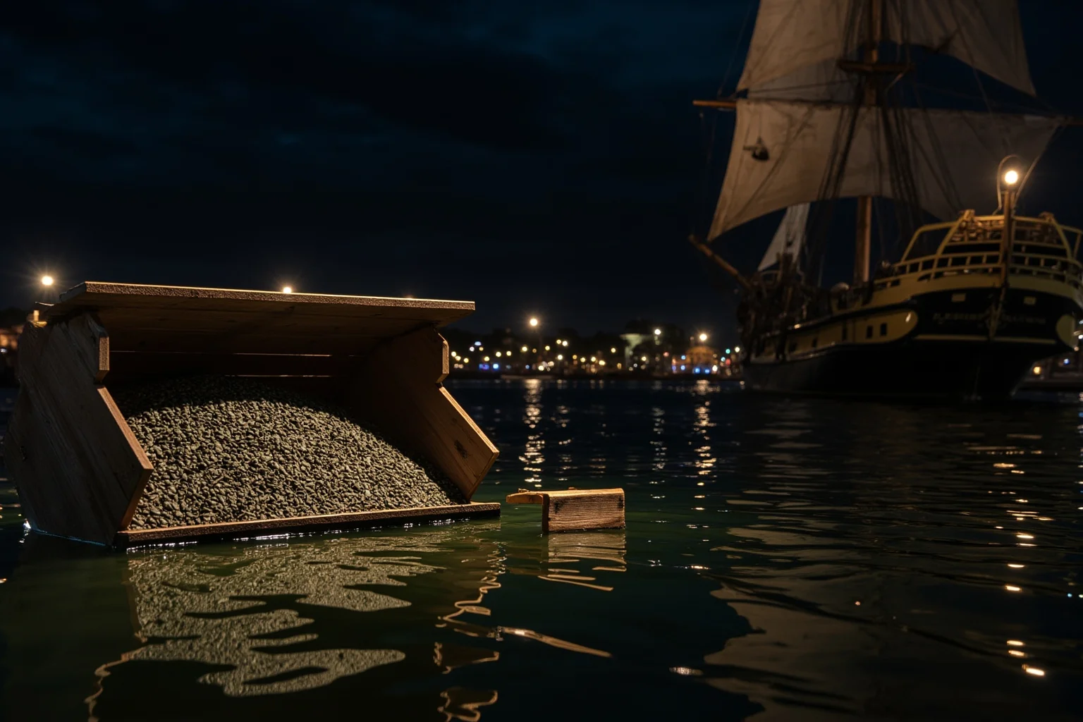 A wooden crate of tea spilling into a harbor at night beside a colonial-era sailing ship