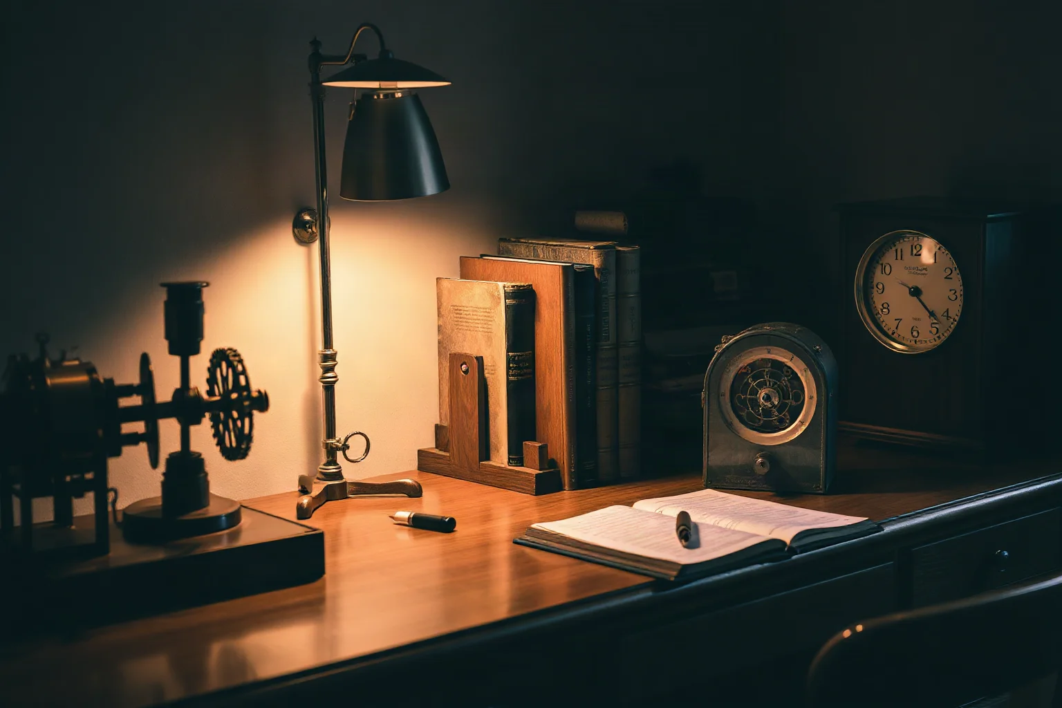 A wooden desk covered in old mechanical inventions like a revolving bookstand and a gear-driven clock, warm study lighting
