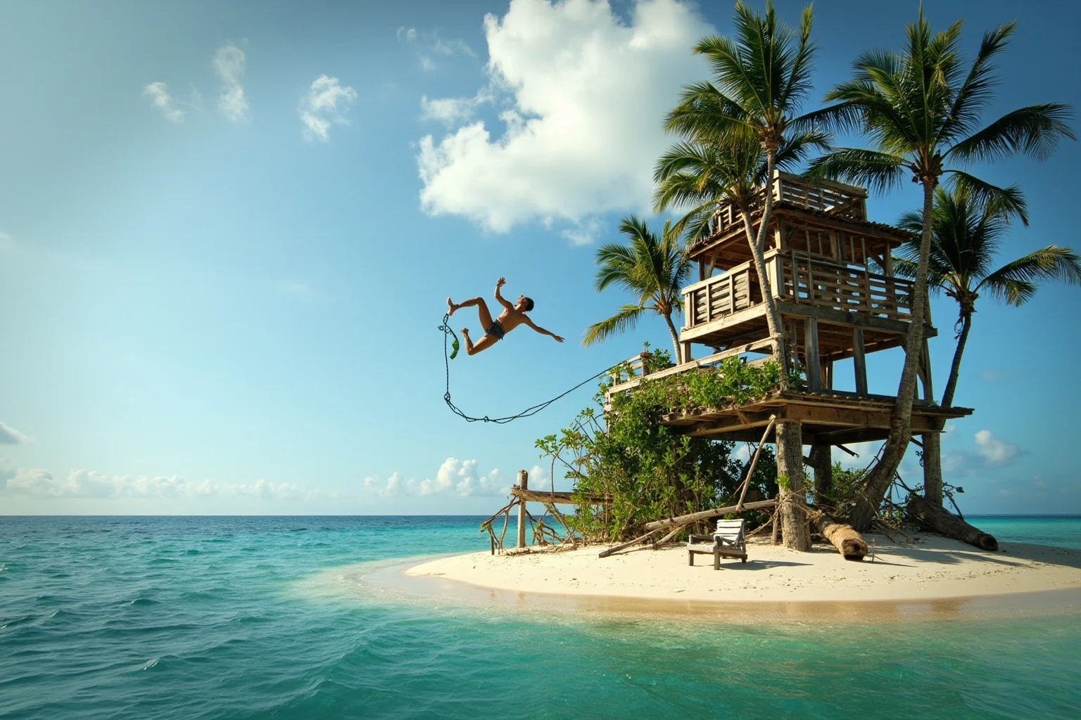 A wooden diving tower on a tropical island with a person leaping, vines tied to ankles