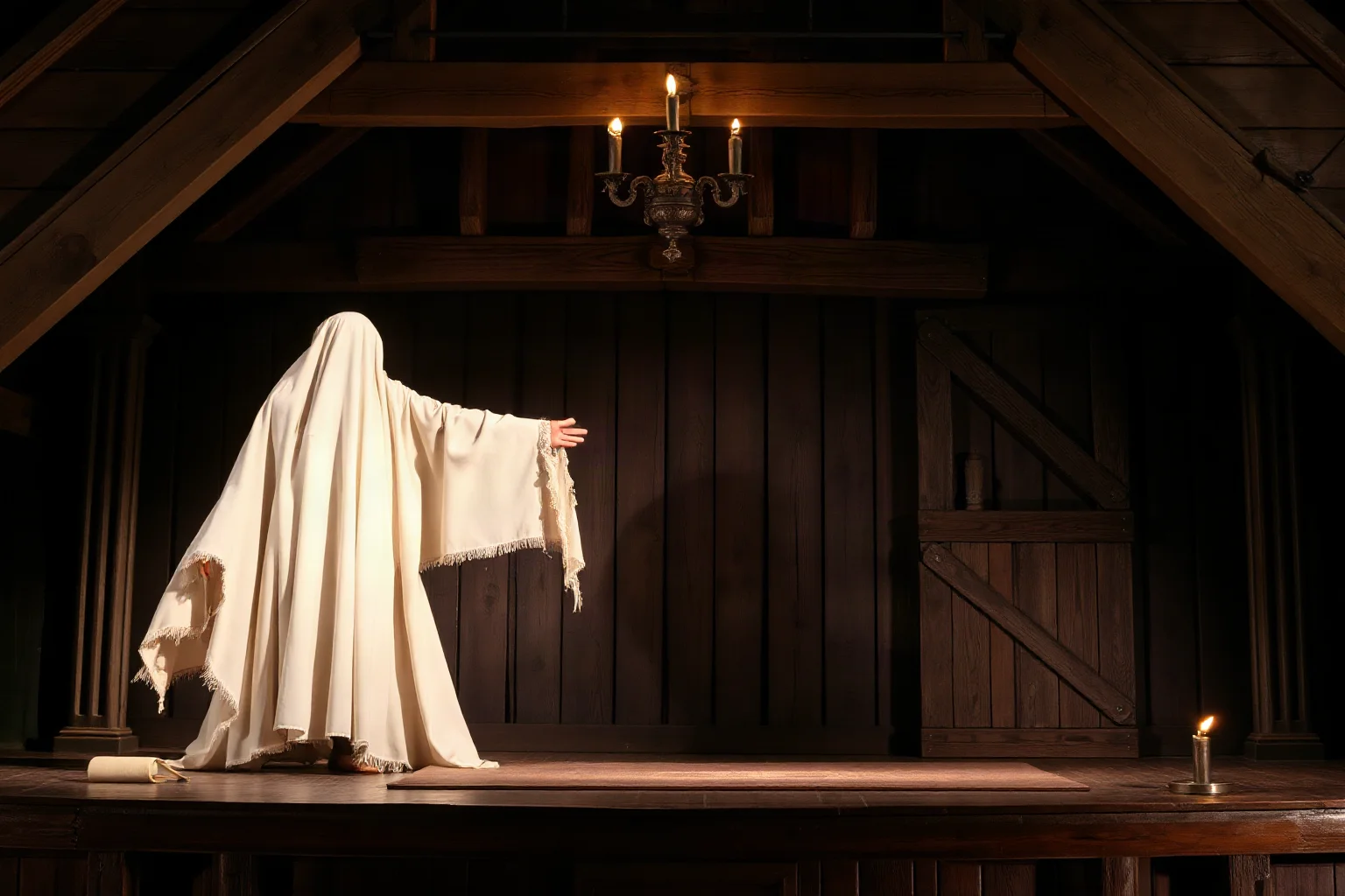 A wooden Elizabethan theater stage with an actor in a ghostly costume performing under torchlight