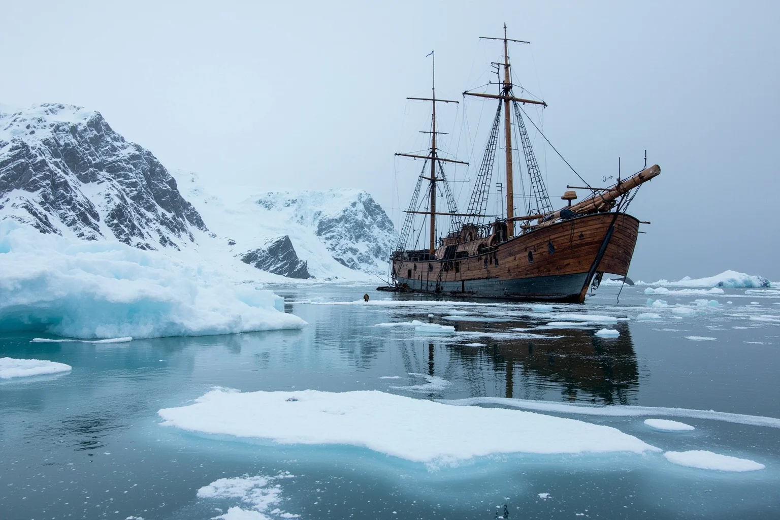 A wooden expedition ship with damaged hull near icy rocks off a rugged polar coastline